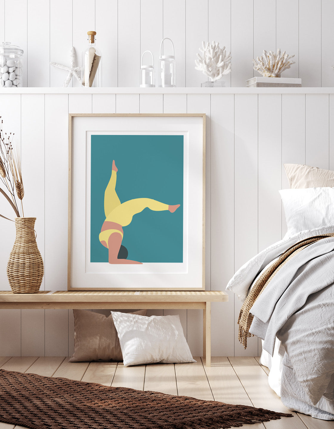 A vibrant yoga print showcasing the forearm stand pose in bold colors, perfect for home studio decor.