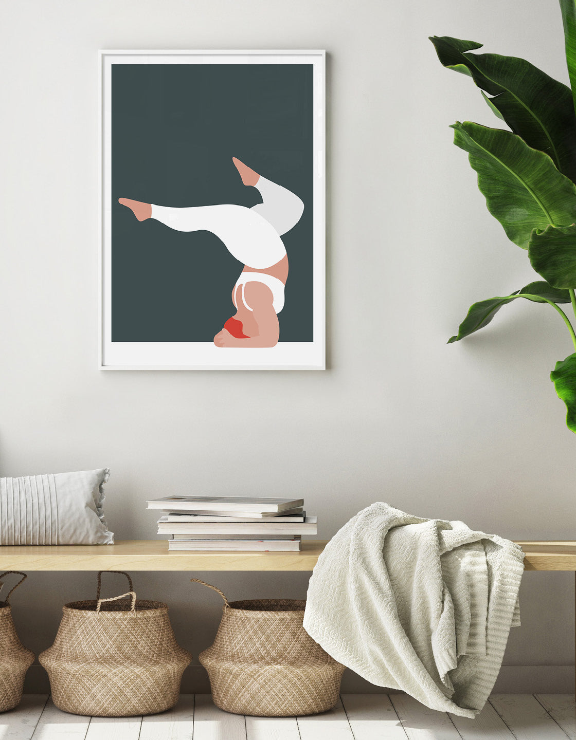 A vibrant yoga print featuring the forearm stand pose in bold colors and minimalistic design, perfect for home decor.