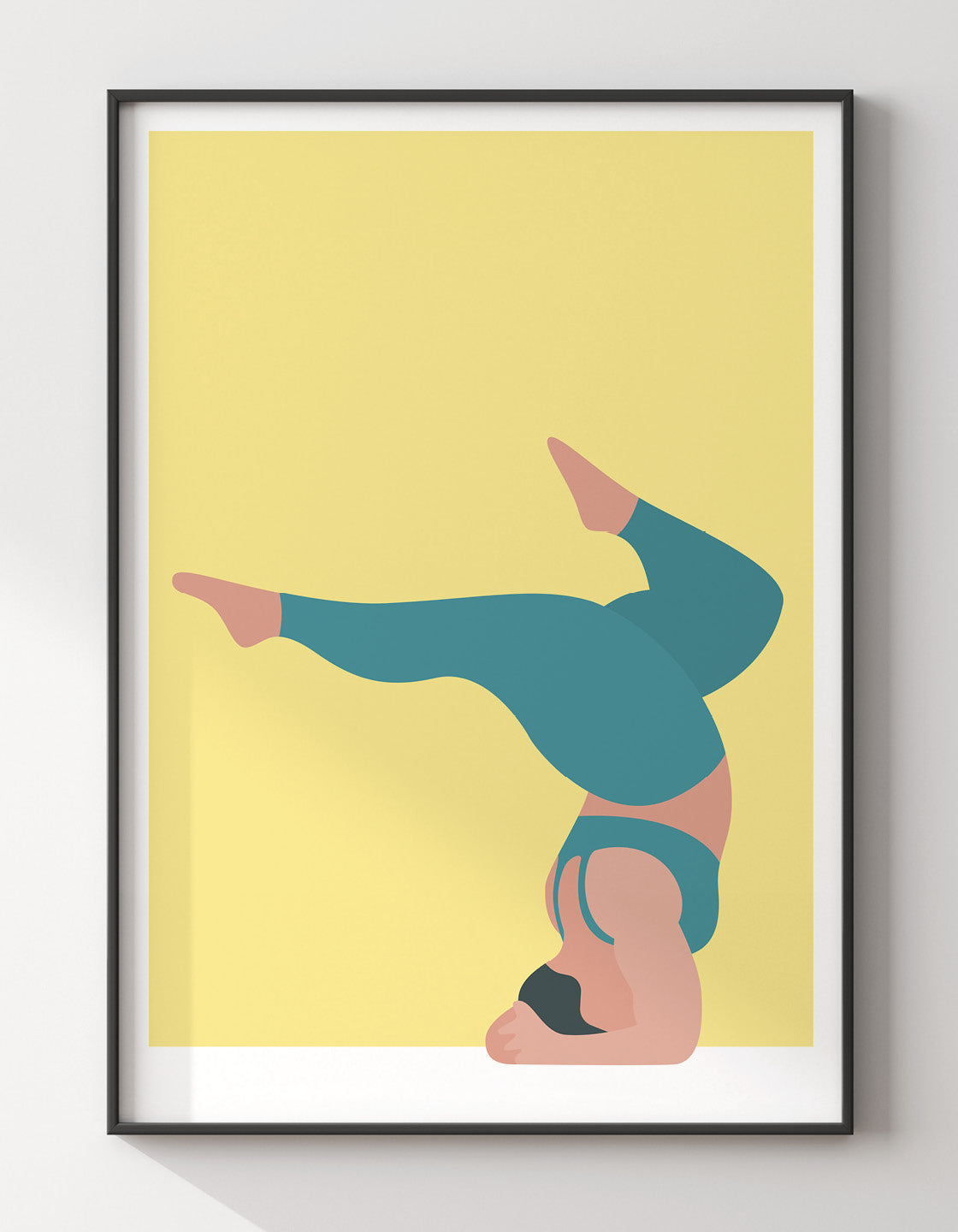 A vibrant yoga print featuring the forearm stand pose in bold colors and minimalistic design, perfect for home decor.