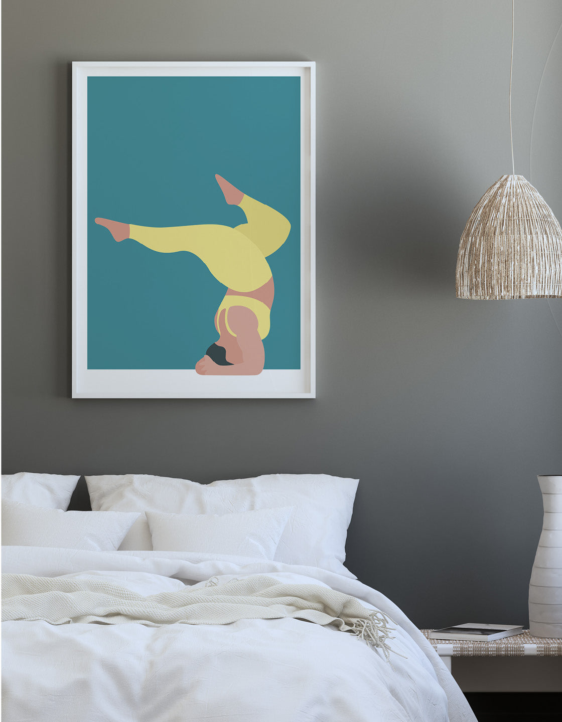 A vibrant yoga print featuring the forearm stand pose in bold colors and minimalistic design, perfect for home decor.