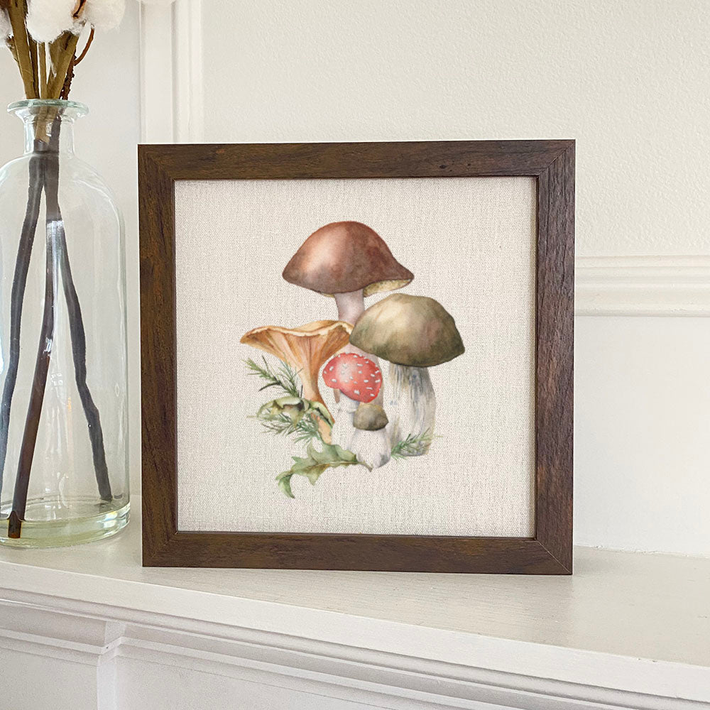 Forest Mushrooms Framed Sign with a stylized wood frame and eco-friendly printing on a linen-look background.