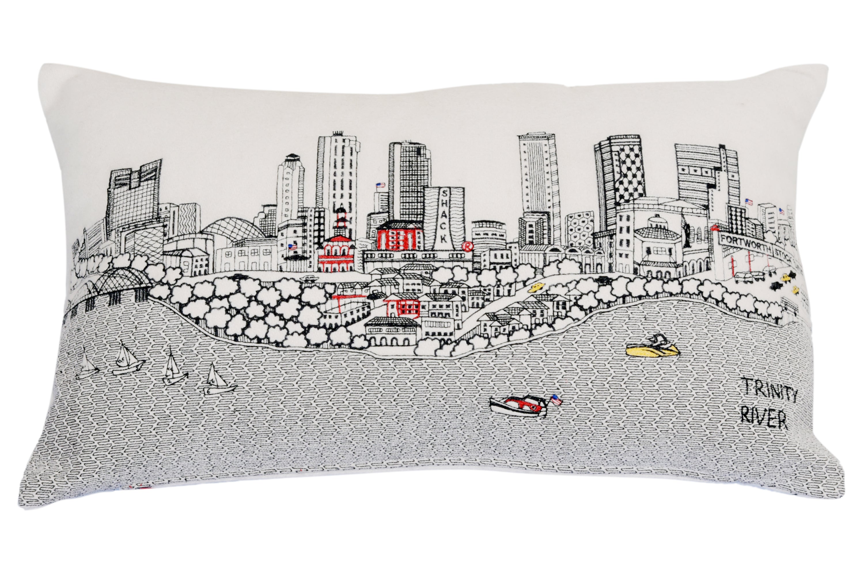 Fort Worth Pillow featuring vibrant embroidery and a red zipper, showcasing the essence of Fort Worth, Texas.