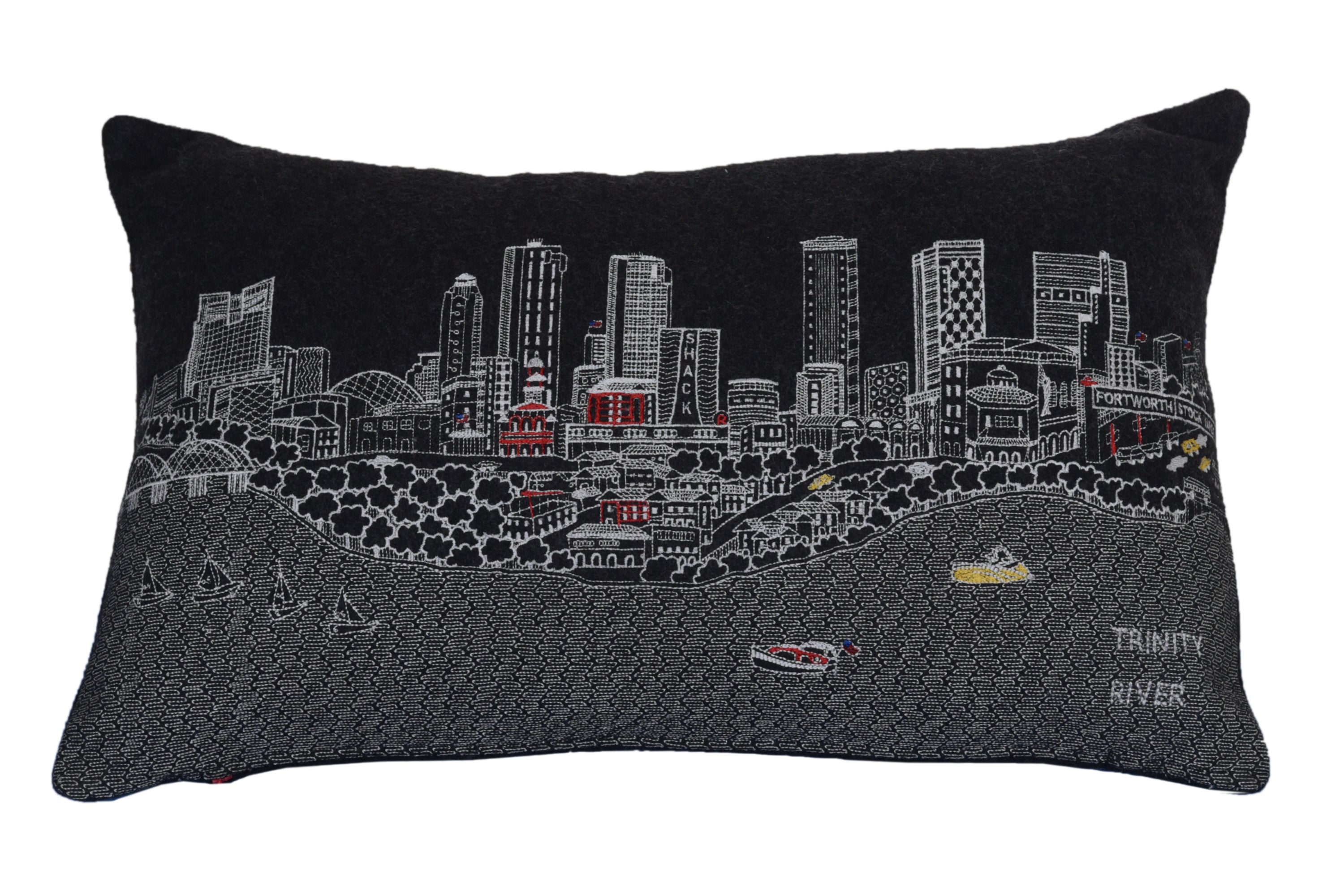 Fort Worth Pillow featuring vibrant embroidery and a red zipper, showcasing the essence of Fort Worth, Texas.