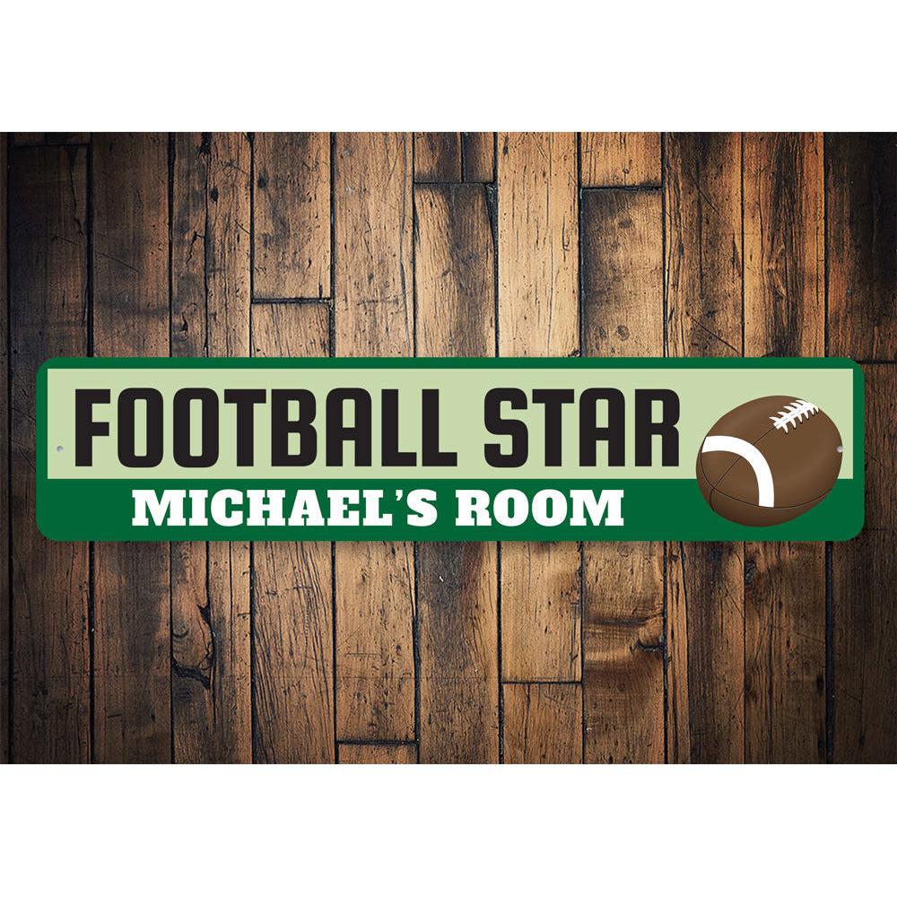 Customizable Football Player Sign made of high-quality aluminum, perfect for kids' rooms and sports enthusiasts, featuring pre-drilled holes for easy mounting.