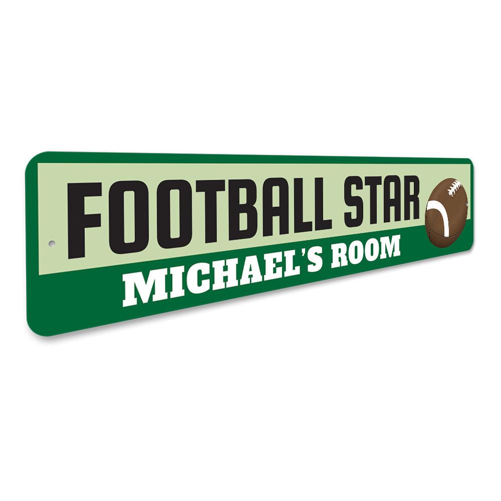 Customizable Football Player Sign made of high-quality aluminum, perfect for kids' rooms and sports enthusiasts, featuring pre-drilled holes for easy mounting.