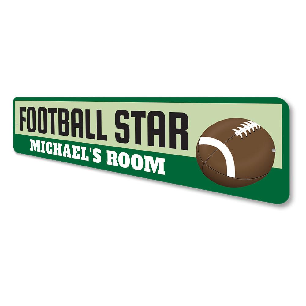 Customizable Football Player Sign made of high-quality aluminum, perfect for kids' rooms and sports enthusiasts, featuring pre-drilled holes for easy mounting.