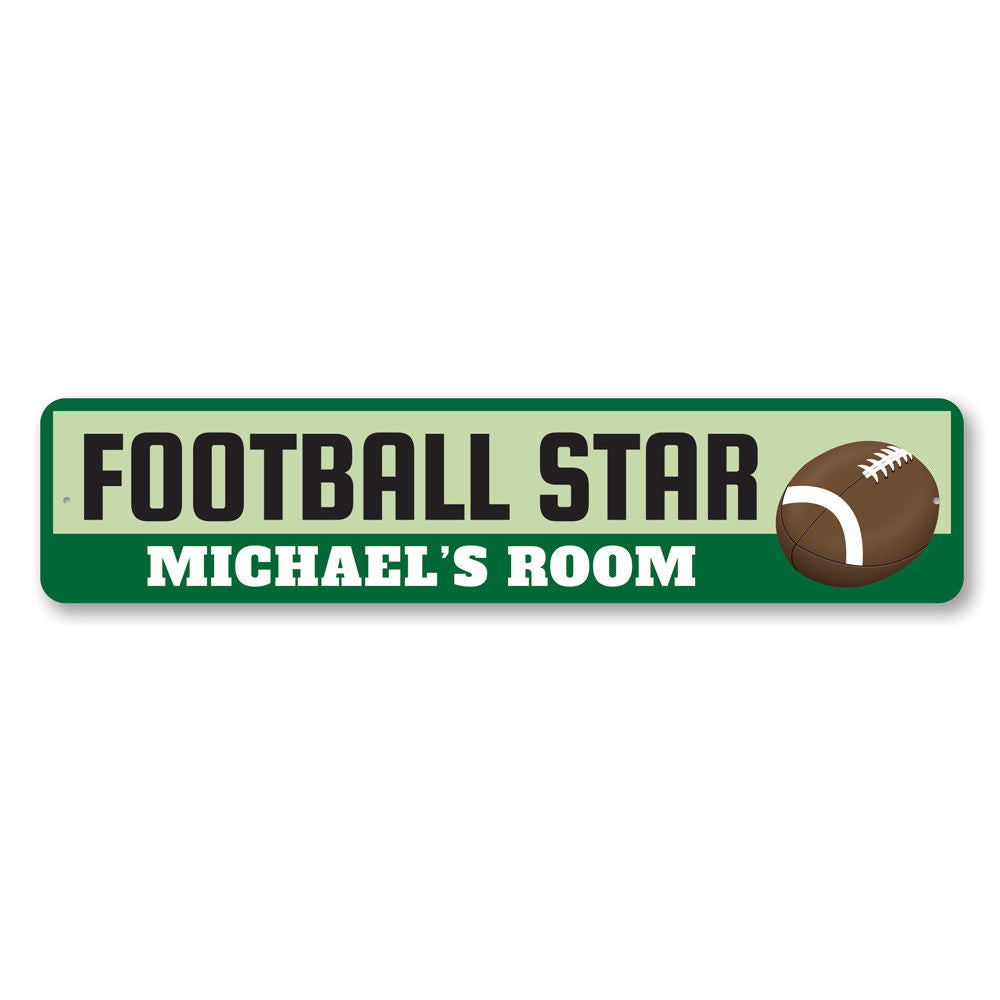 Customizable Football Player Sign made of high-quality aluminum, perfect for kids' rooms and sports enthusiasts, featuring pre-drilled holes for easy mounting.