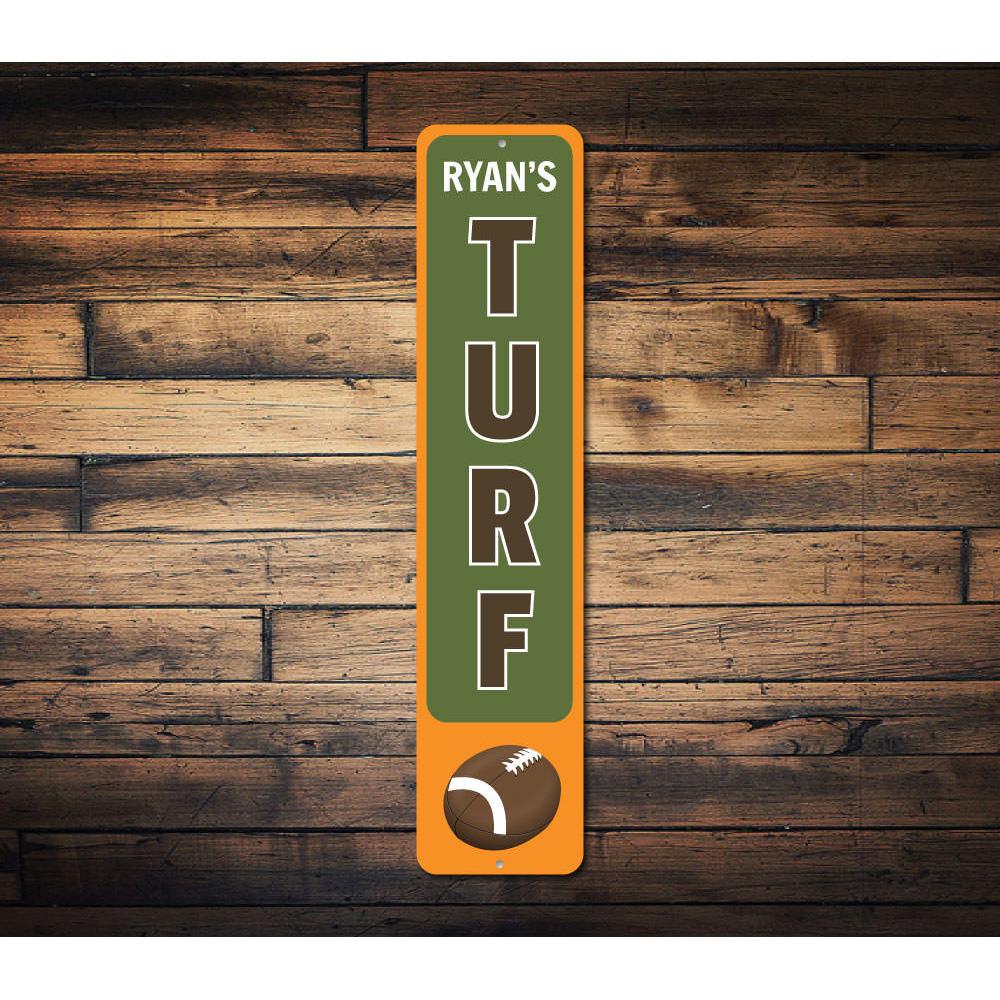 Football Turf Vertical Sign made of high-quality aluminum, featuring vibrant colors and customizable text, perfect for sports enthusiasts.