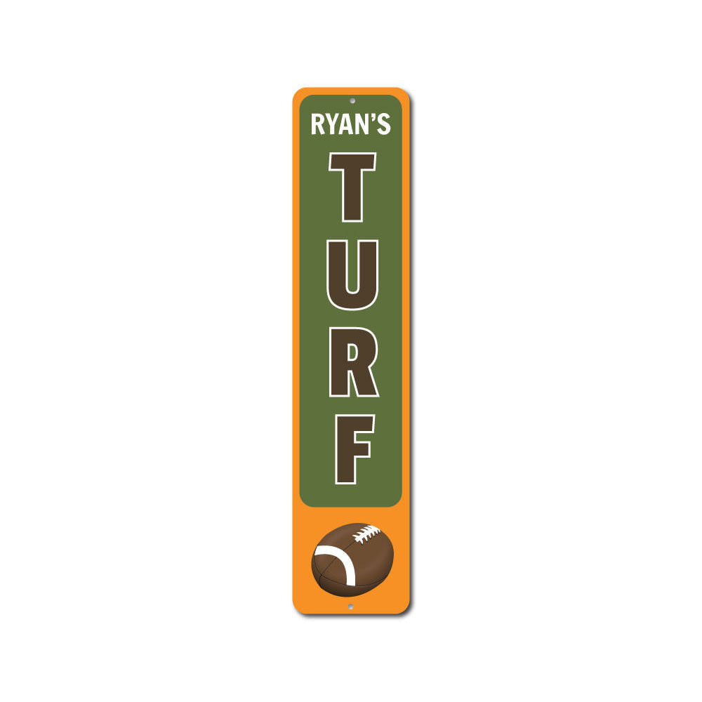 Football Turf Vertical Sign made of high-quality aluminum, featuring vibrant colors and customizable text, perfect for sports enthusiasts.