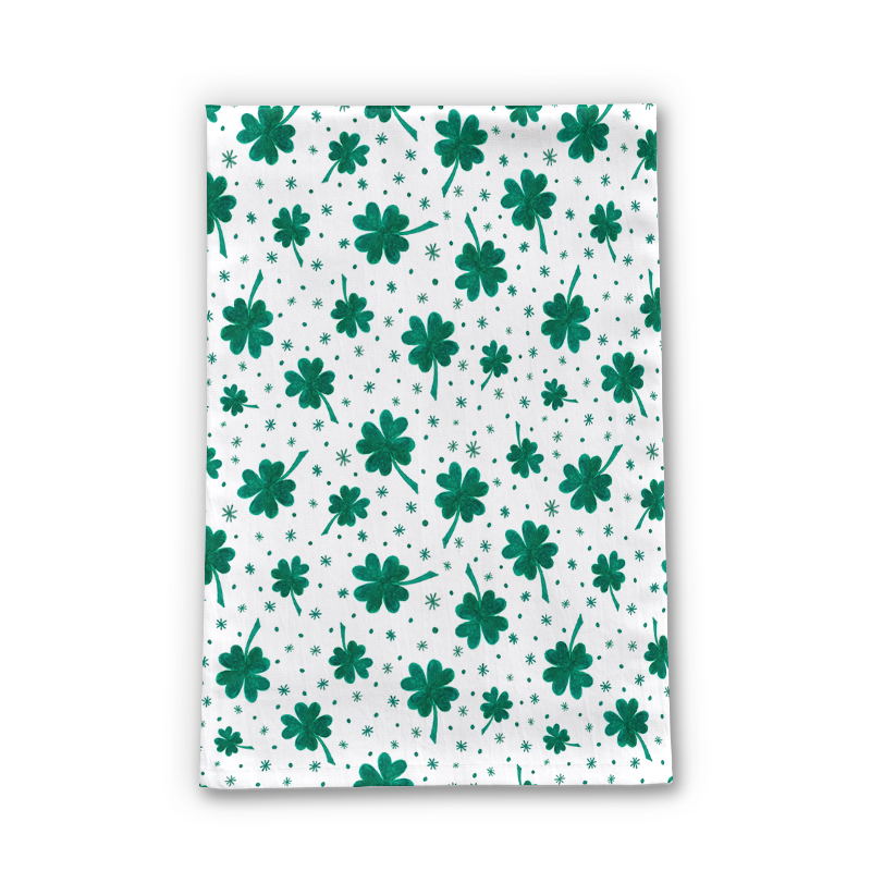 Four Leaf Clover tea towel featuring a vibrant green clover design on a white cotton twill fabric, perfect for St. Patrick's Day.