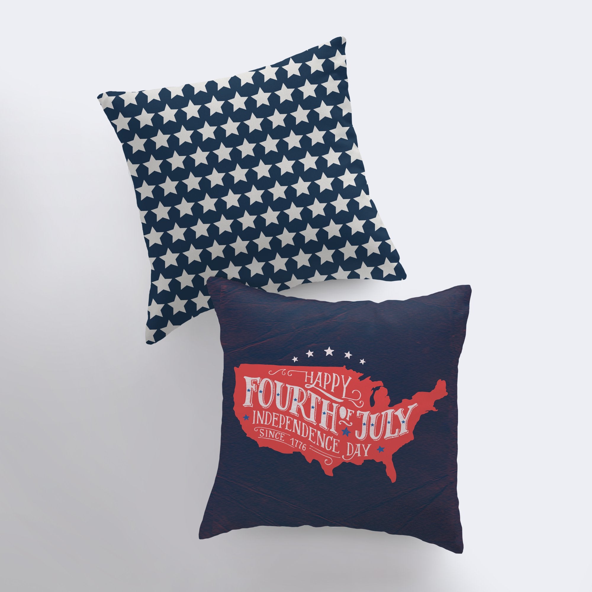 Double-sided Fourth of July pillow cover featuring red USA outline and navy vintage star pattern, perfect for home decor.