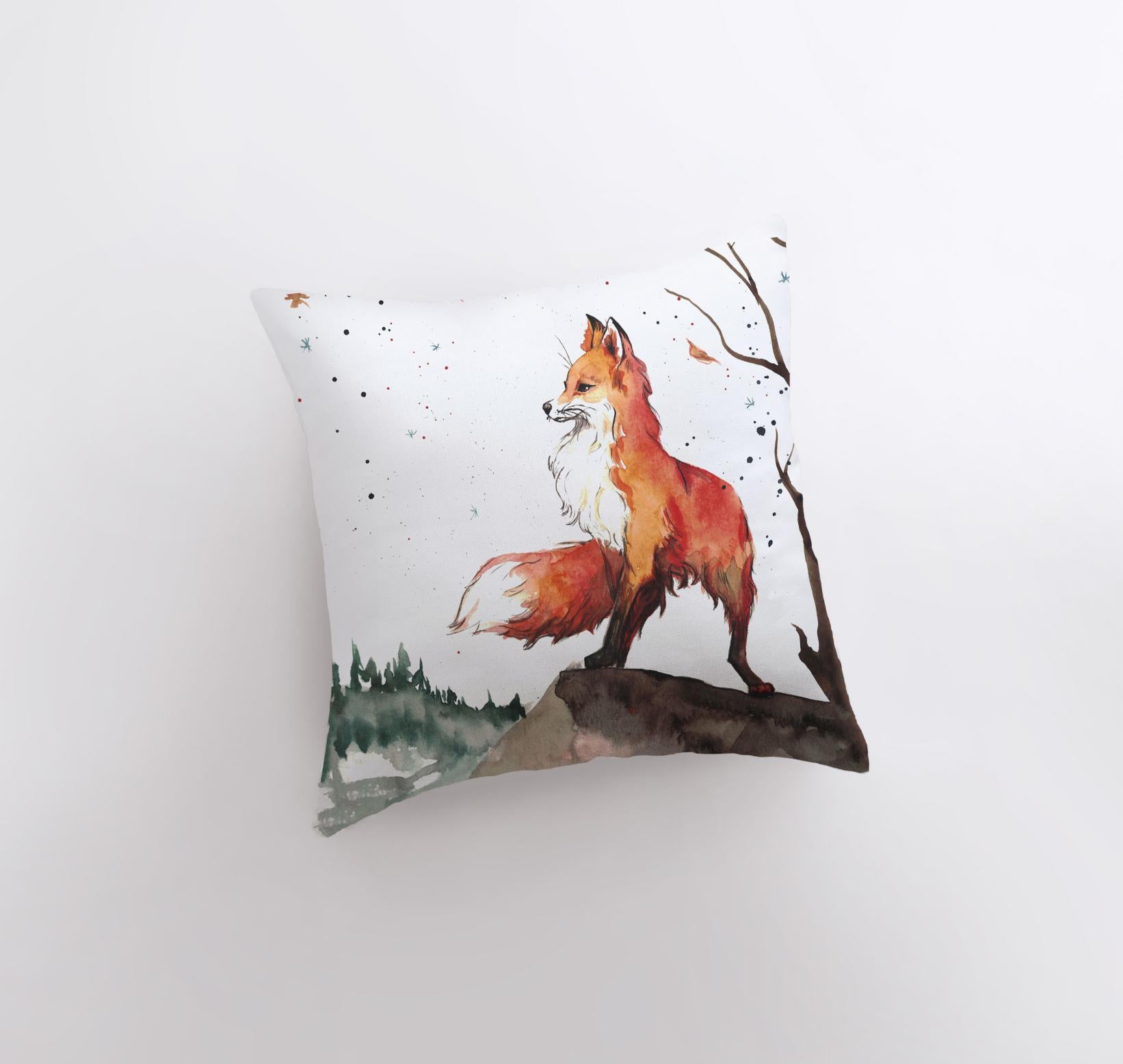 Charming watercolor fox pillow cover, perfect for nursery decor, featuring a concealed zipper and soft cotton-polyester blend fabric.