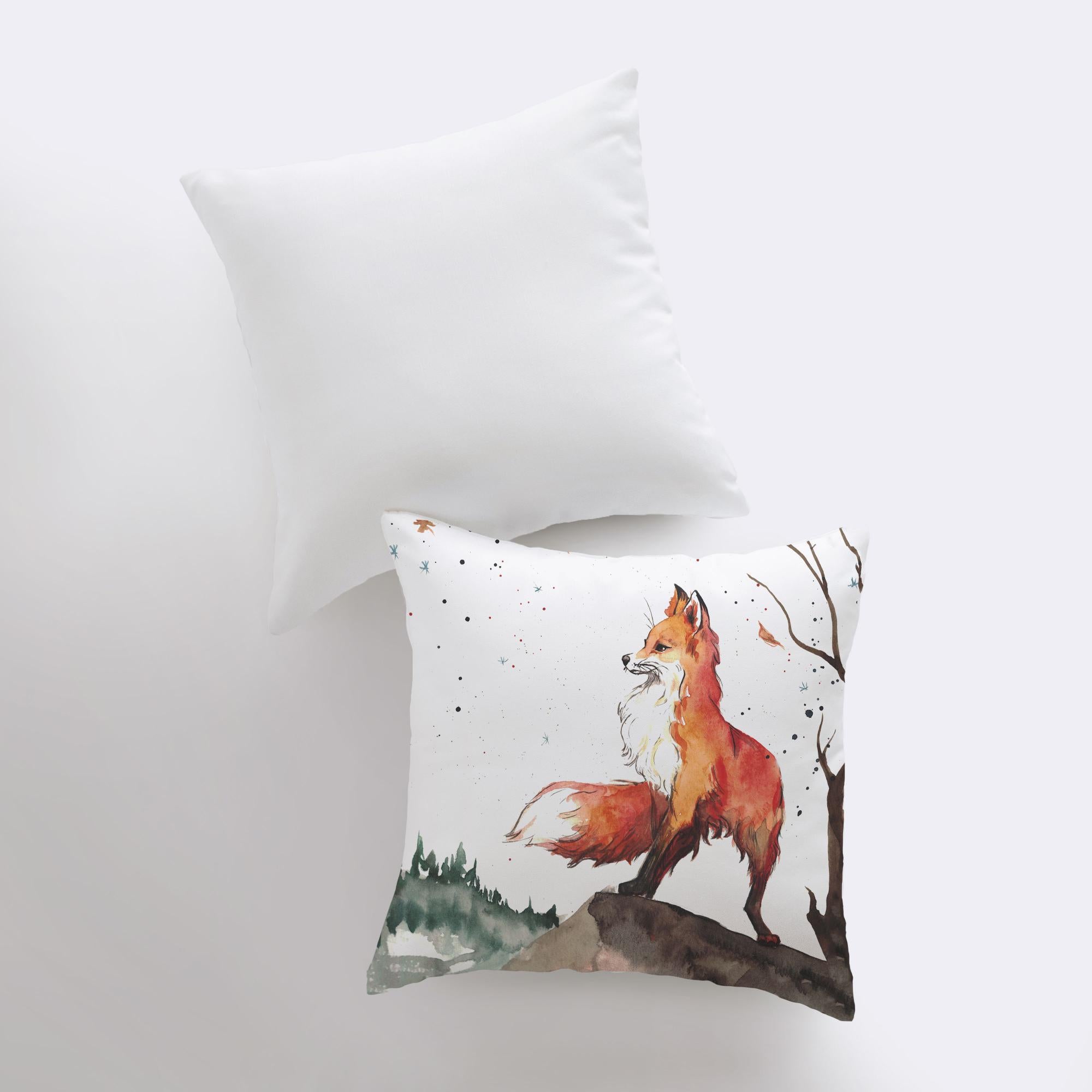 Charming watercolor fox pillow cover, perfect for nursery decor, featuring a concealed zipper and soft cotton-polyester blend fabric.