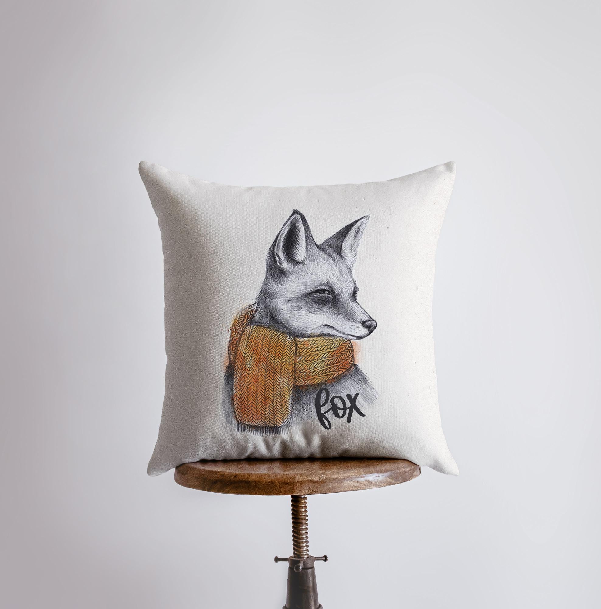 Fox Hipster Pillow Cover featuring a pencil sketch of a fox on a soft polyester fabric, ideal for children's rooms and whimsical decor.