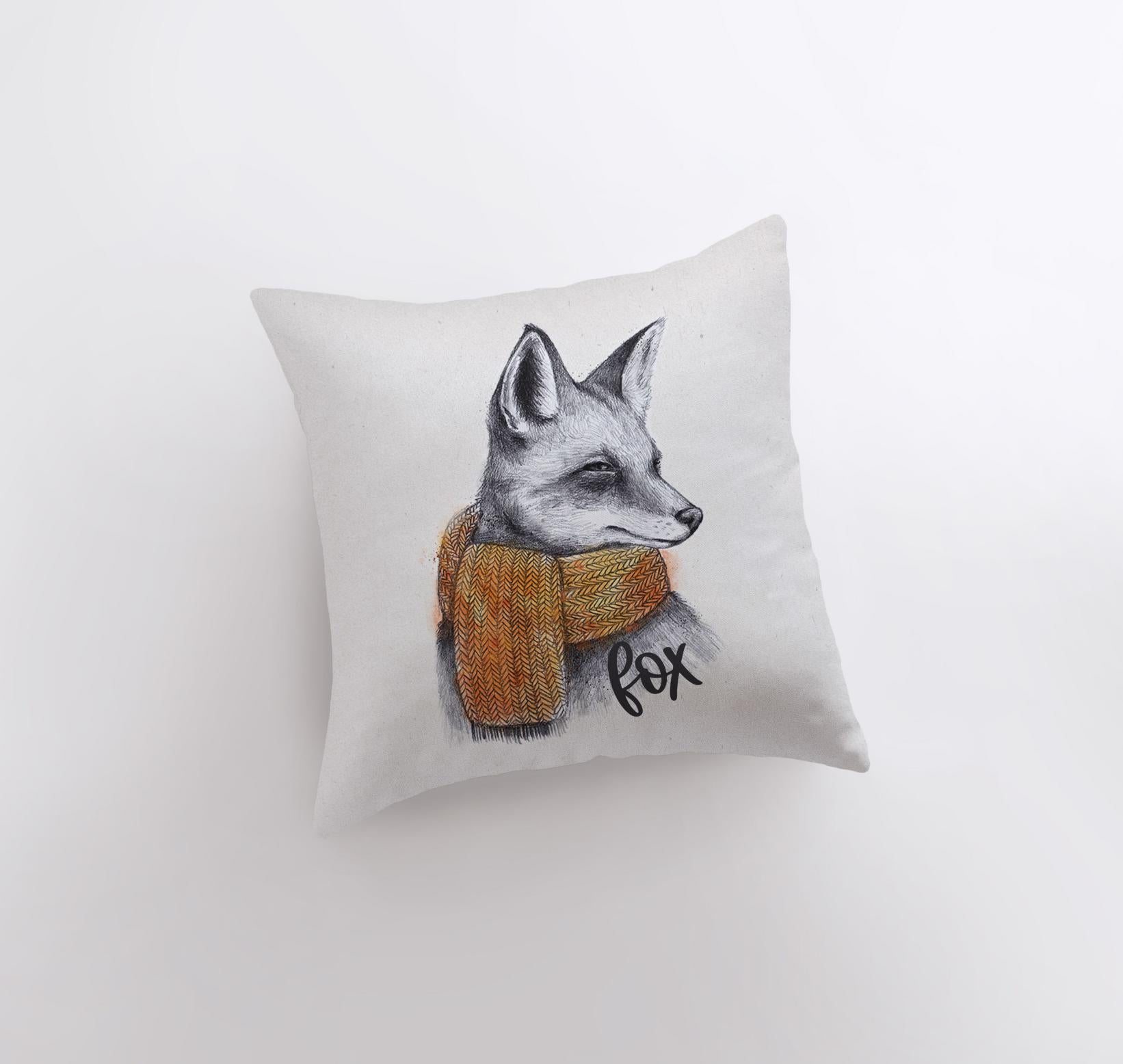 Fox Hipster Pillow Cover featuring a pencil sketch of a fox on a soft polyester fabric, ideal for children's rooms and whimsical decor.