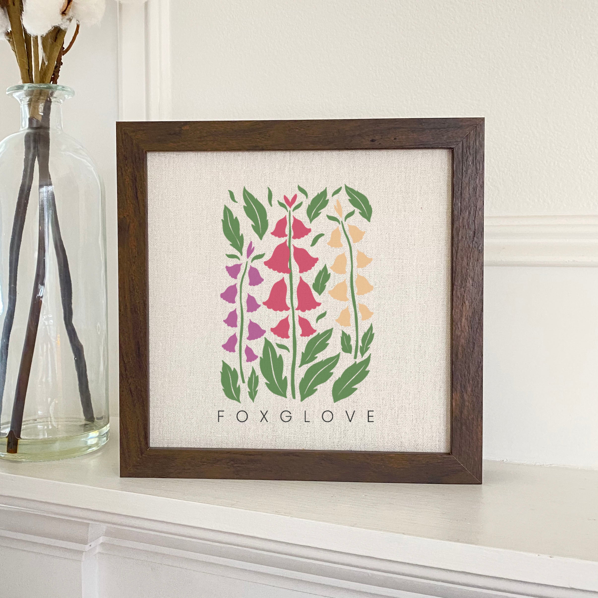 Foxglove Framed Sign with a stylized wood frame, featuring eco-friendly printing on a linen-look background, ideal for garden decor.