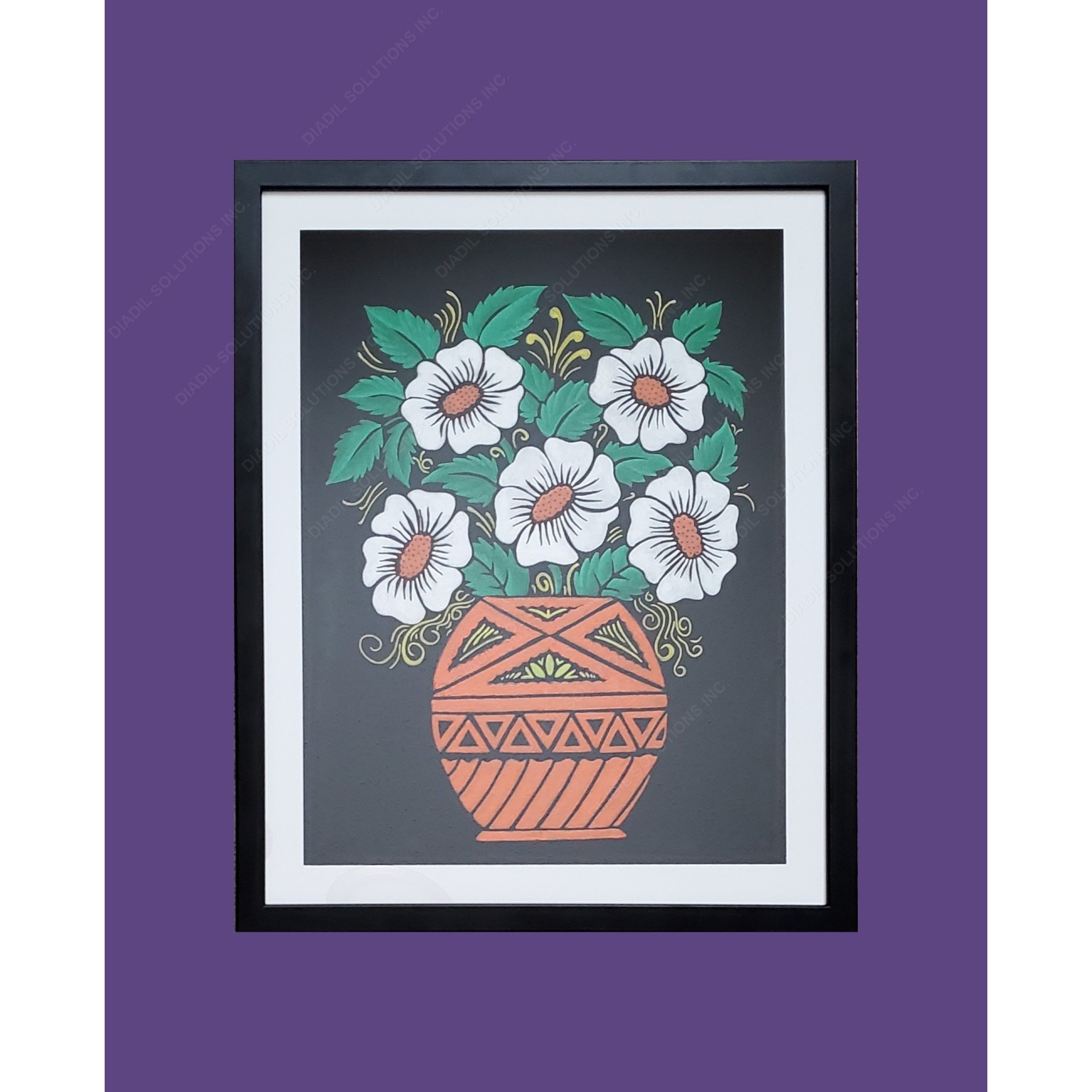 Framed embossed painting featuring a blossomed flower plant in a pot, displayed in a lightweight frame with a protective plastic front.