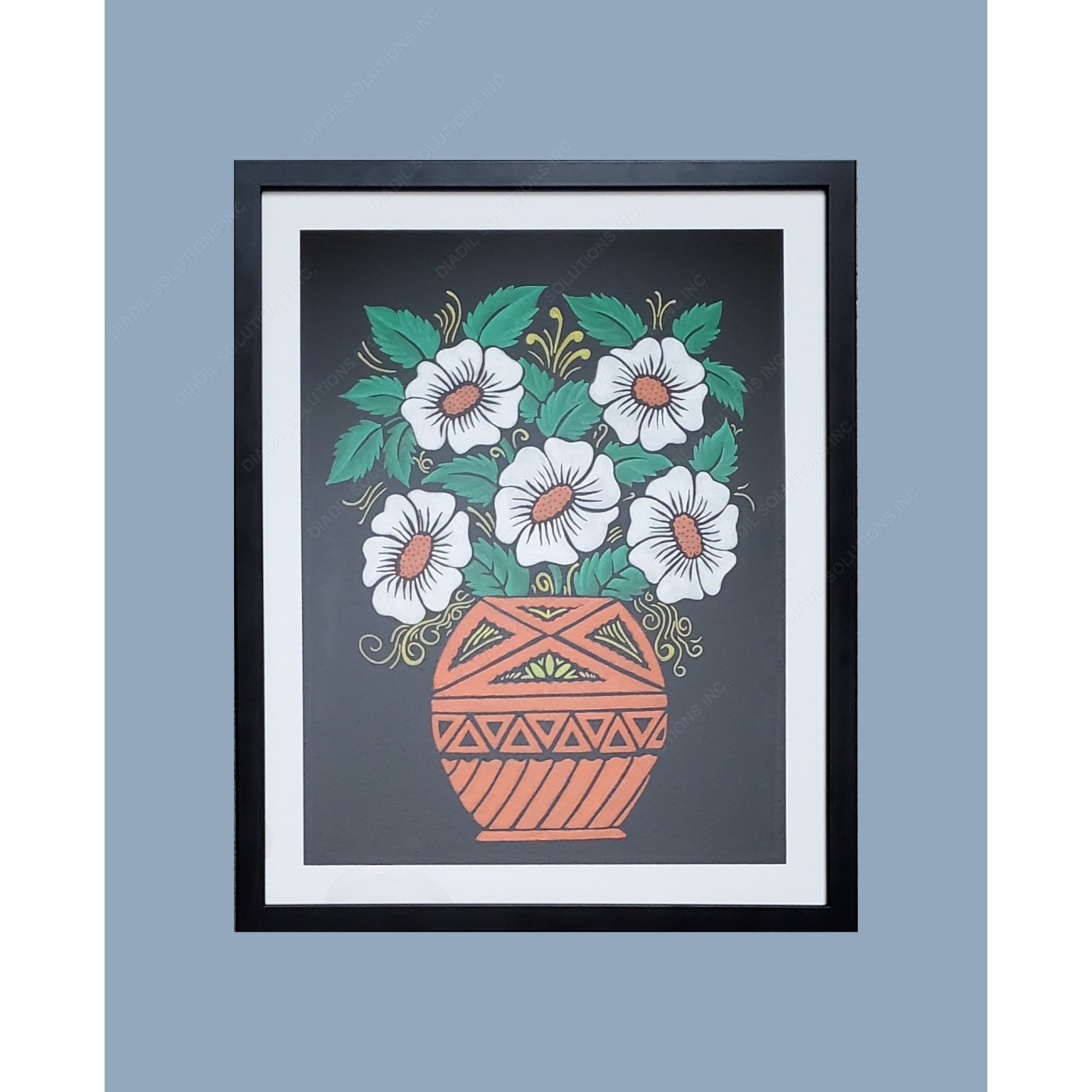 Framed embossed painting featuring a blossomed flower plant in a pot, displayed in a lightweight frame with a protective plastic front.