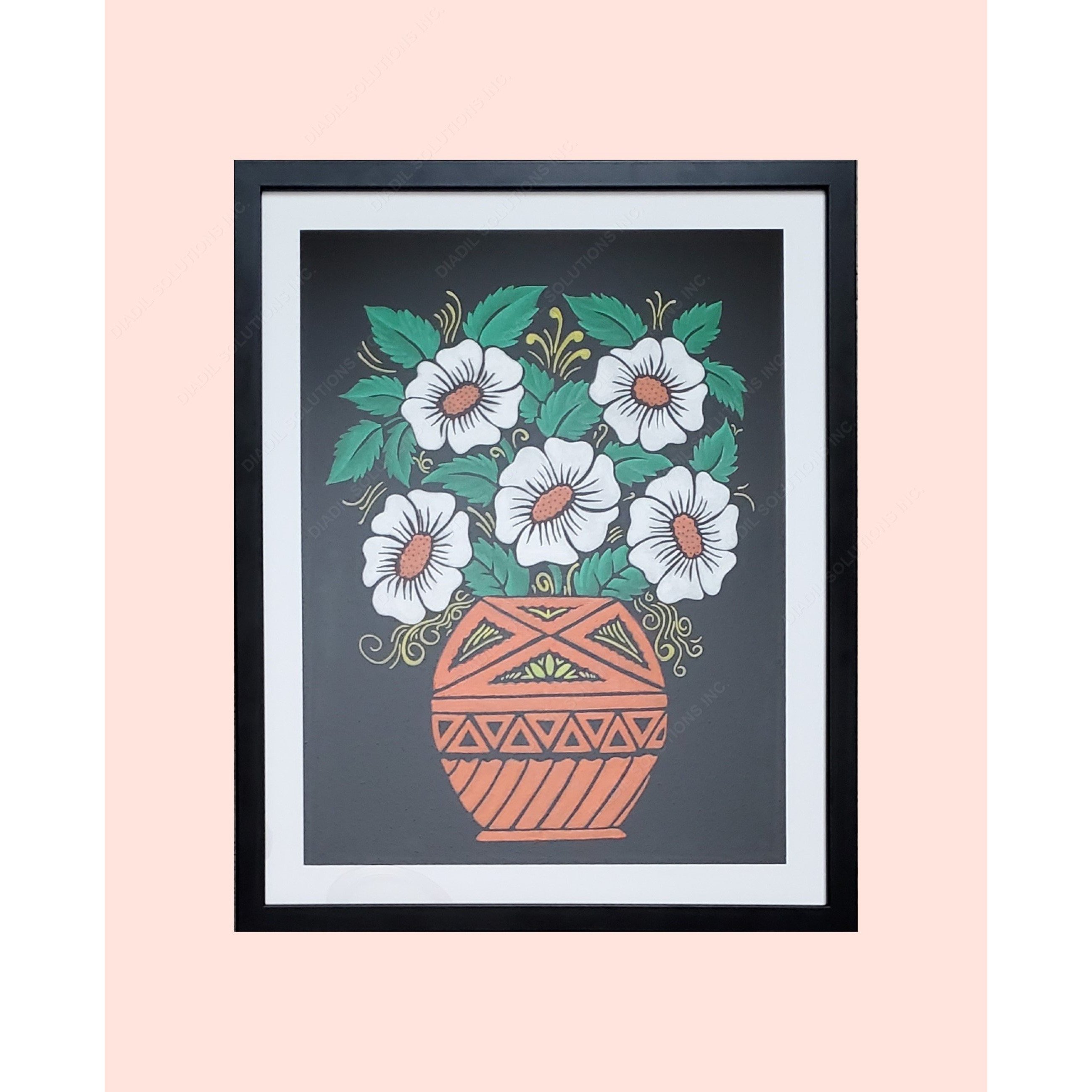 Framed embossed painting featuring a blossomed flower plant in a pot, displayed in a lightweight frame with a protective plastic front.