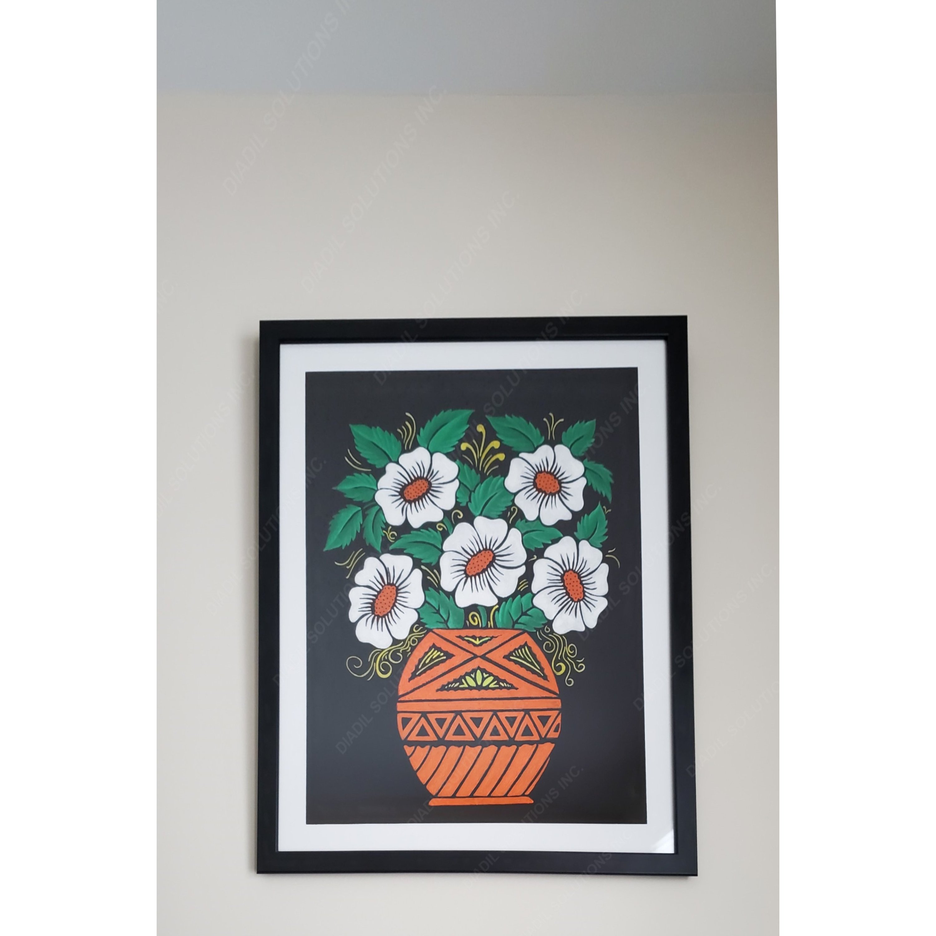 Framed embossed painting featuring a blossomed flower plant in a pot, displayed in a lightweight frame with a protective plastic front.