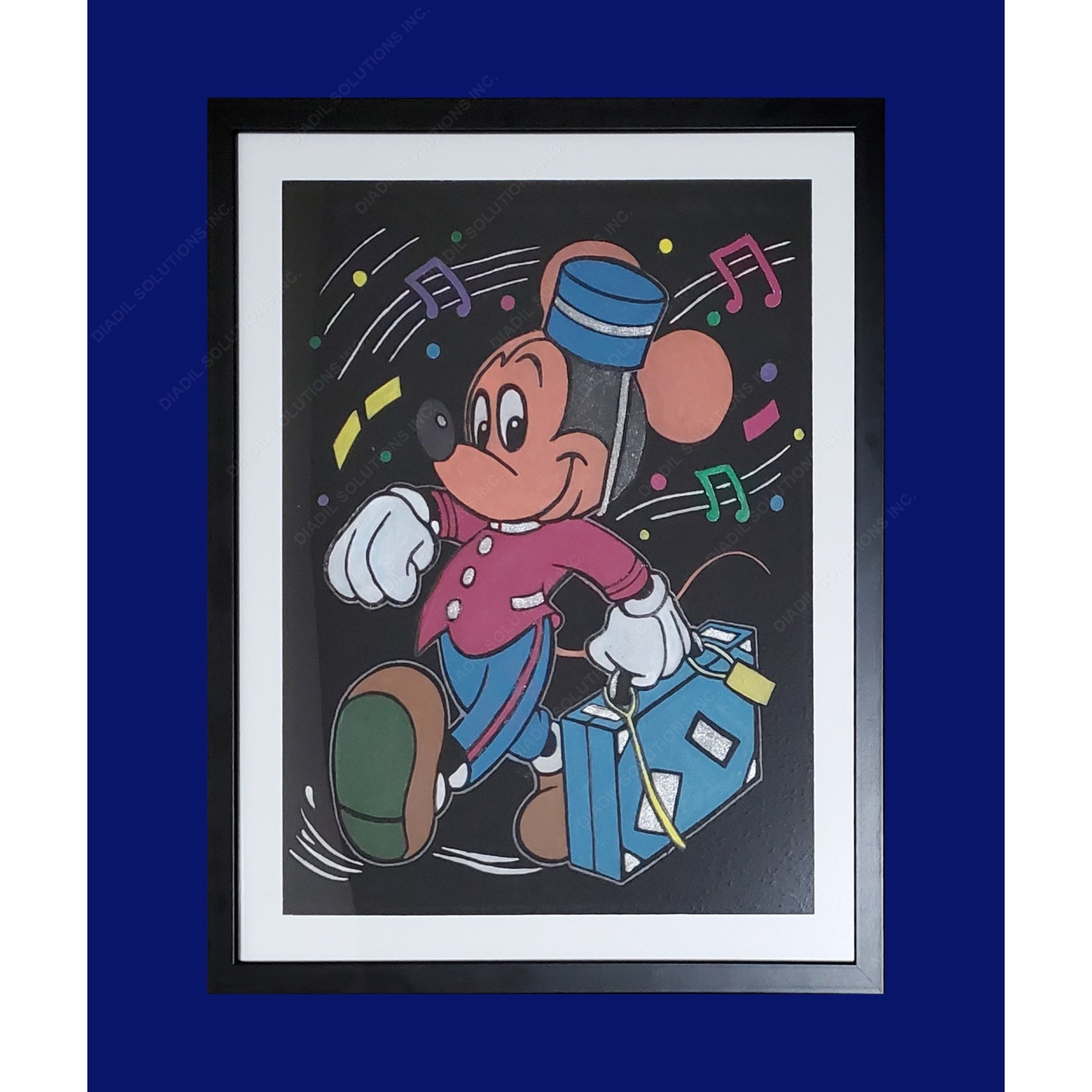 Framed embossed painting of Mickey Mouse on tour, featuring vibrant colors and a lightweight frame.