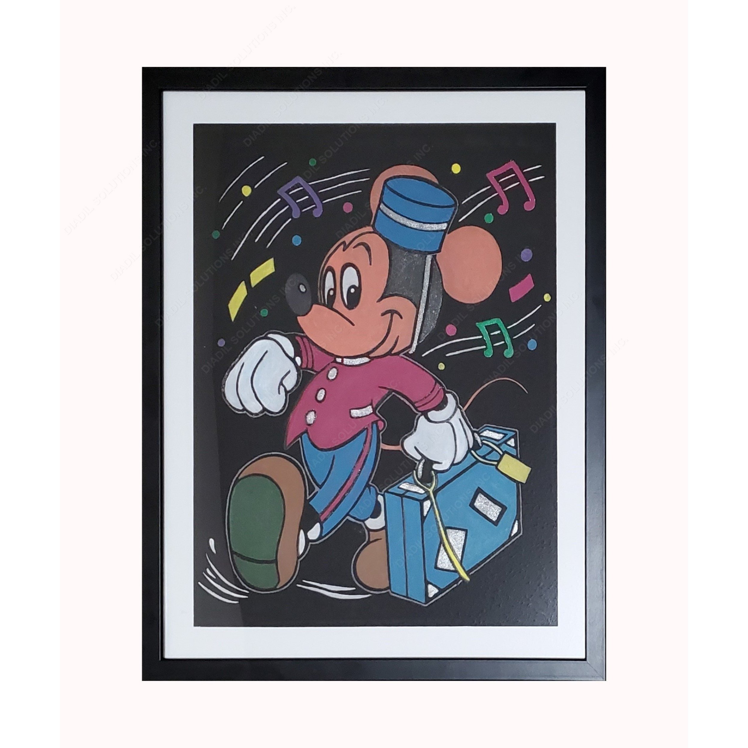 Framed embossed painting of Mickey Mouse on tour, featuring vibrant colors and a lightweight frame.