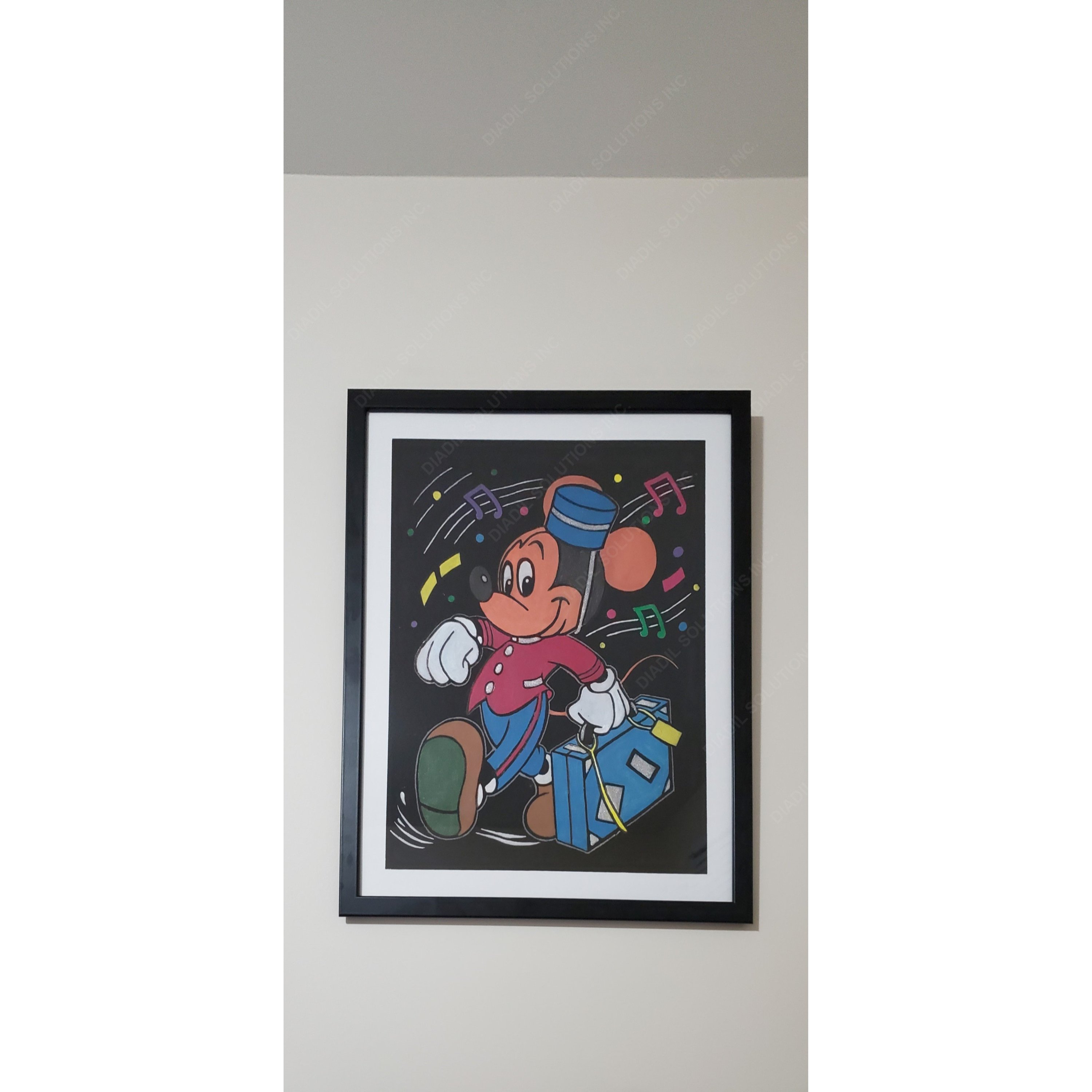 Framed embossed painting of Mickey Mouse on tour, featuring vibrant colors and a lightweight frame.