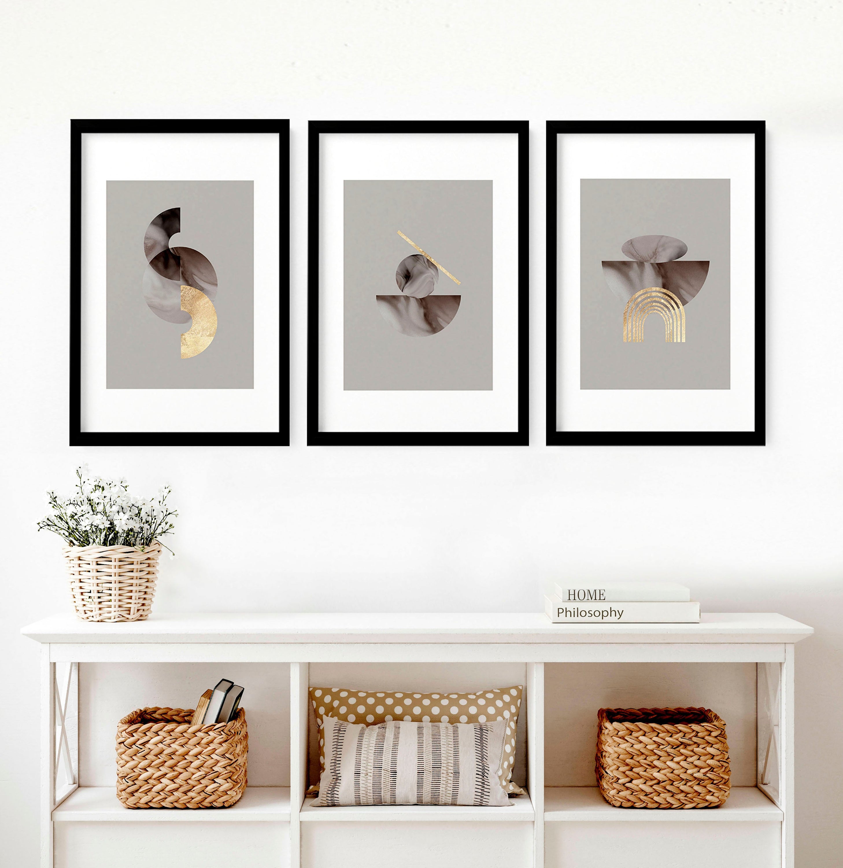 Set of 3 framed modern mid century wall art prints featuring intricate abstract designs, elegantly displayed on a wall.