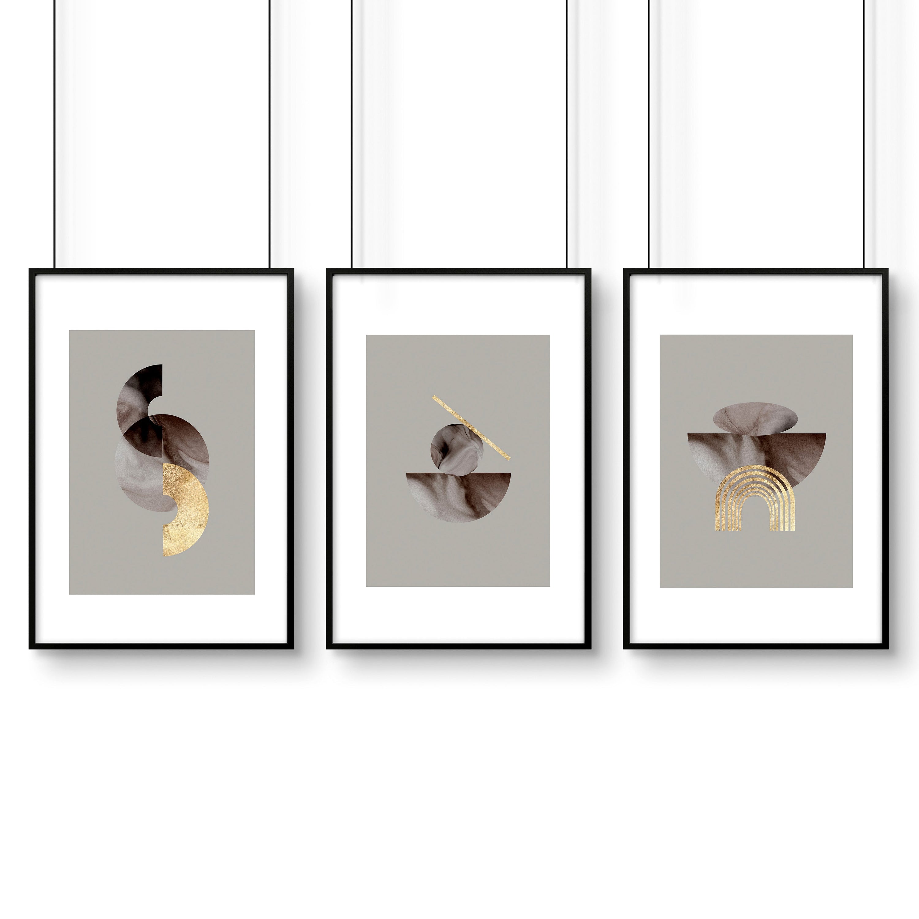 Set of 3 framed modern mid century wall art prints featuring intricate abstract designs, elegantly displayed on a wall.