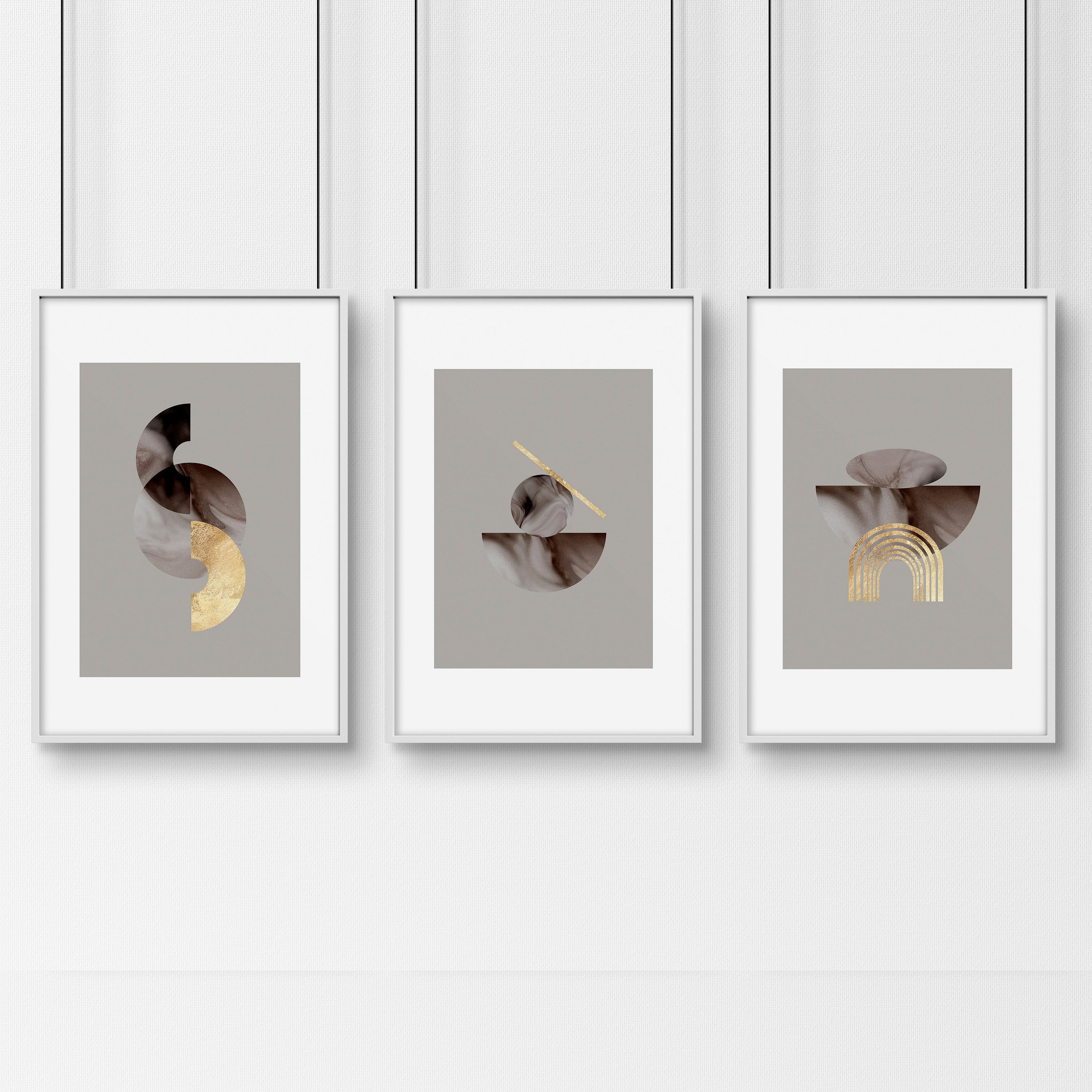 Set of 3 framed modern mid century wall art prints featuring intricate abstract designs, elegantly displayed on a wall.