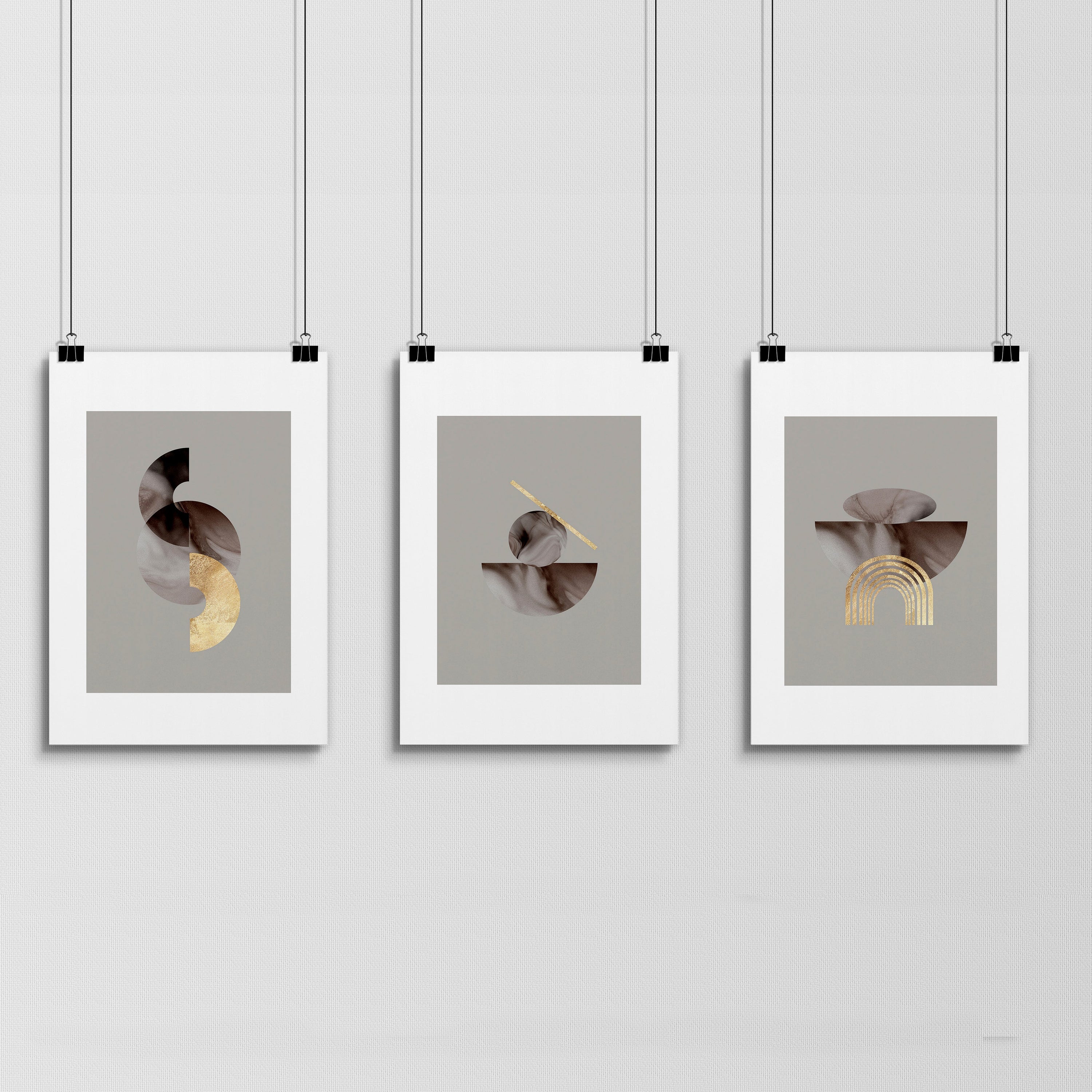 Set of 3 framed modern mid century wall art prints featuring intricate abstract designs, elegantly displayed on a wall.