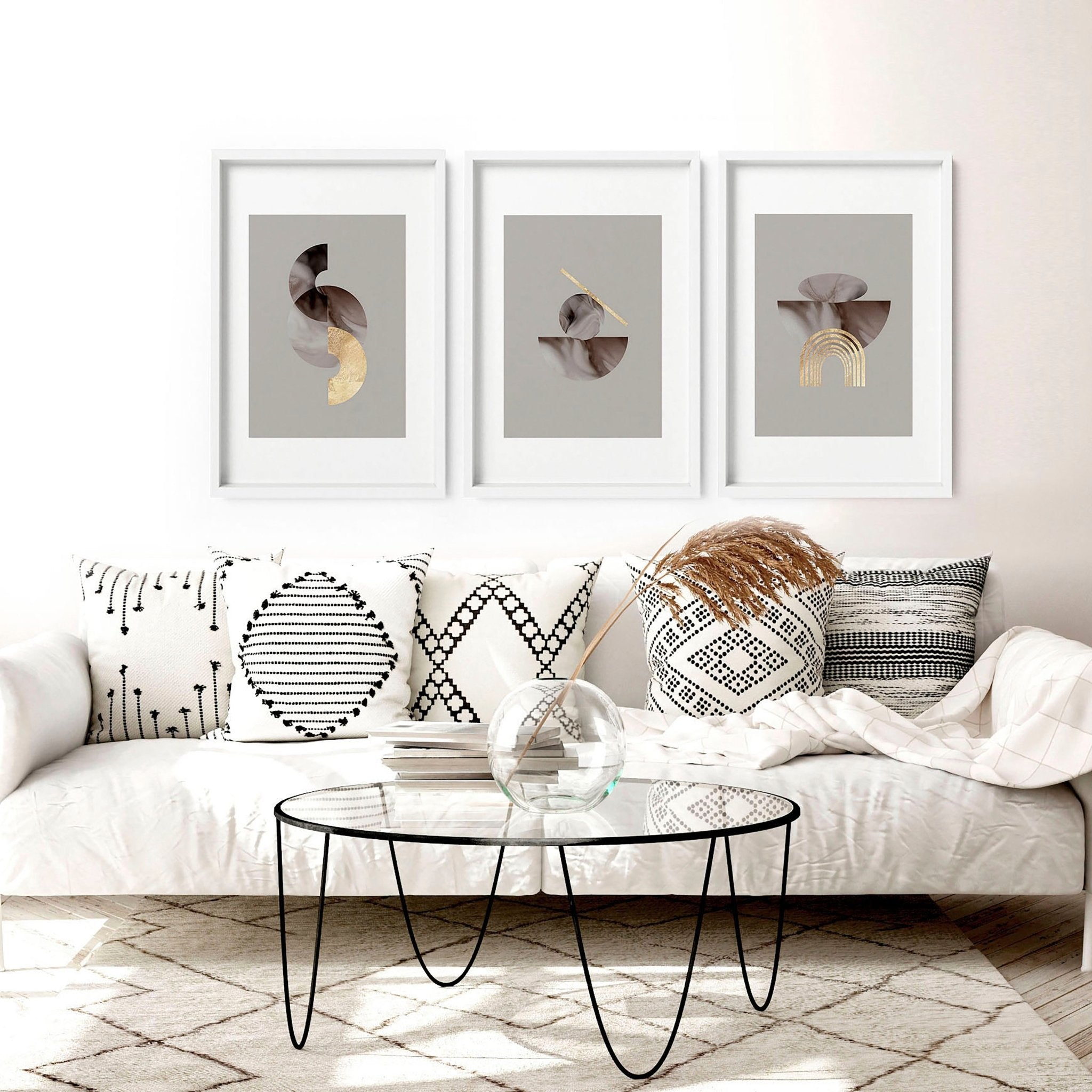 Set of 3 framed modern mid century wall art prints featuring intricate abstract designs, elegantly displayed on a wall.