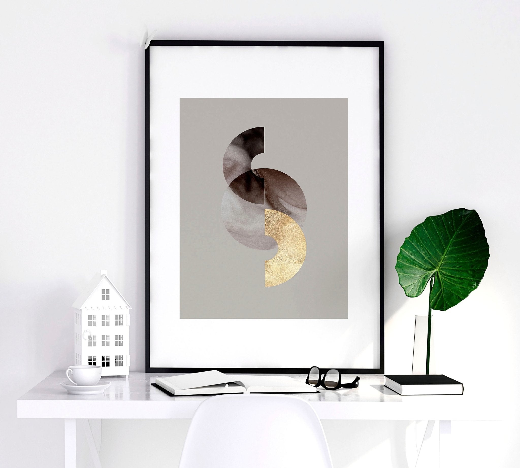 Set of 3 framed modern mid century wall art prints featuring intricate abstract designs, elegantly displayed on a wall.