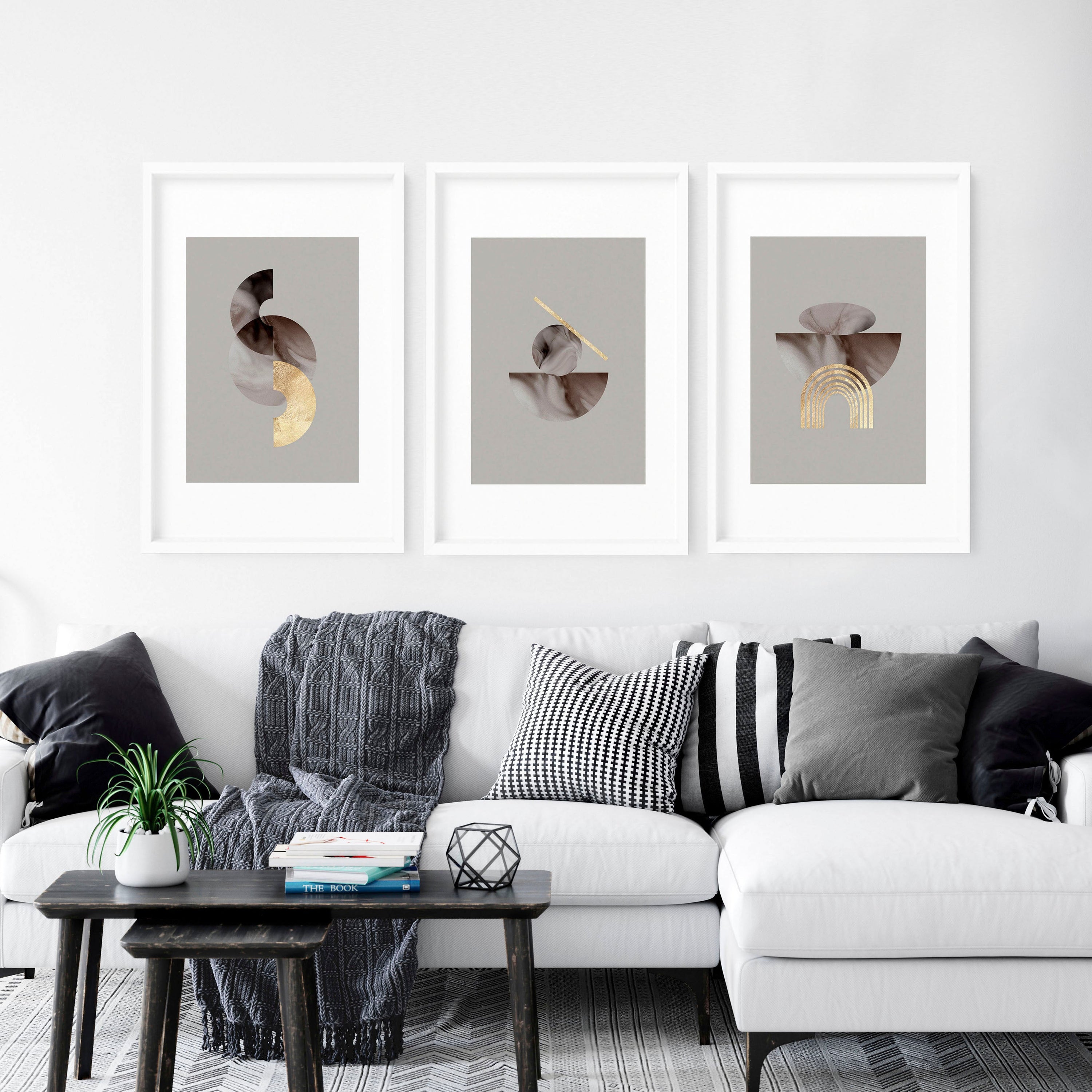 Set of 3 framed modern mid century wall art prints featuring intricate abstract designs, elegantly displayed on a wall.