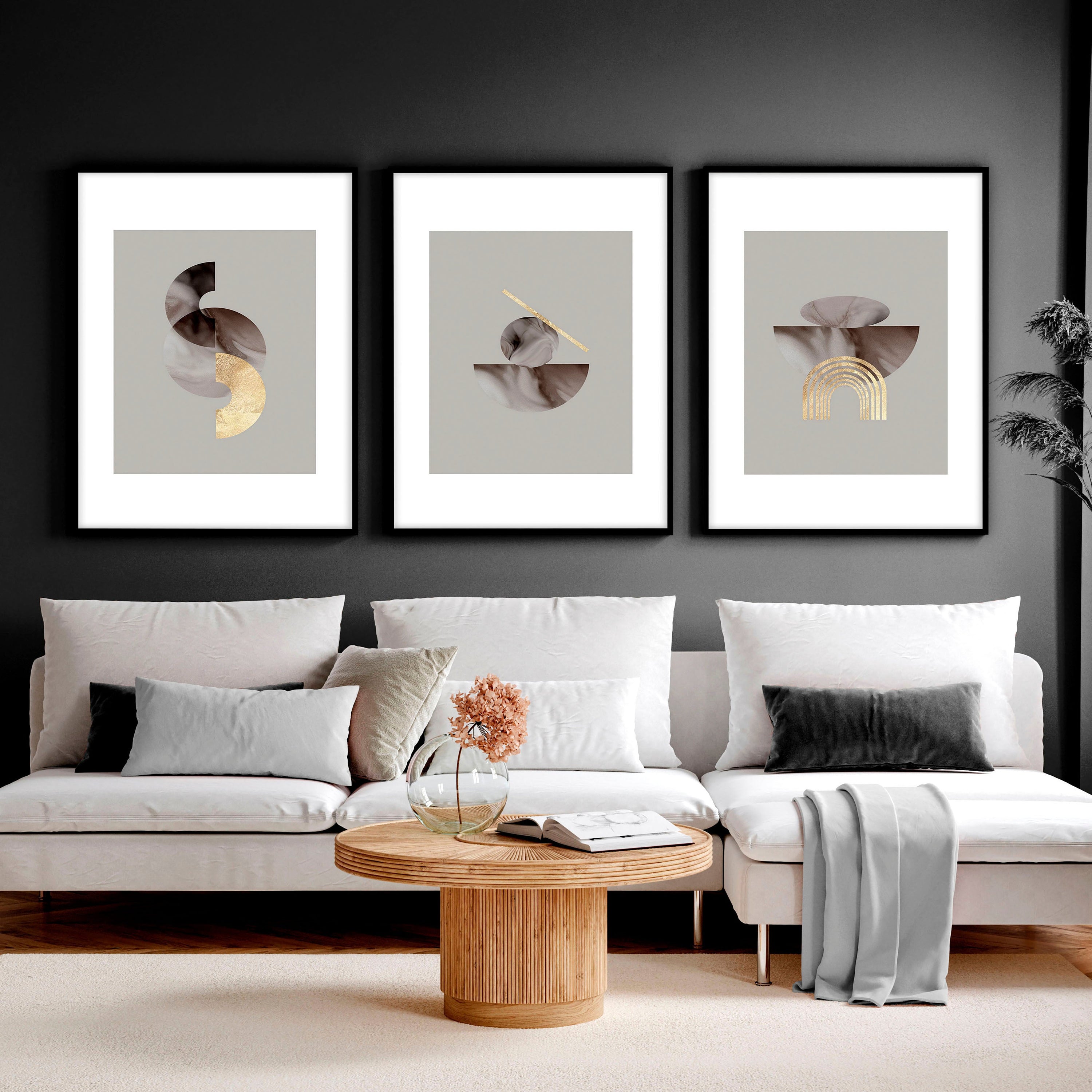 Set of 3 framed modern mid century wall art prints featuring intricate abstract designs, elegantly displayed on a wall.