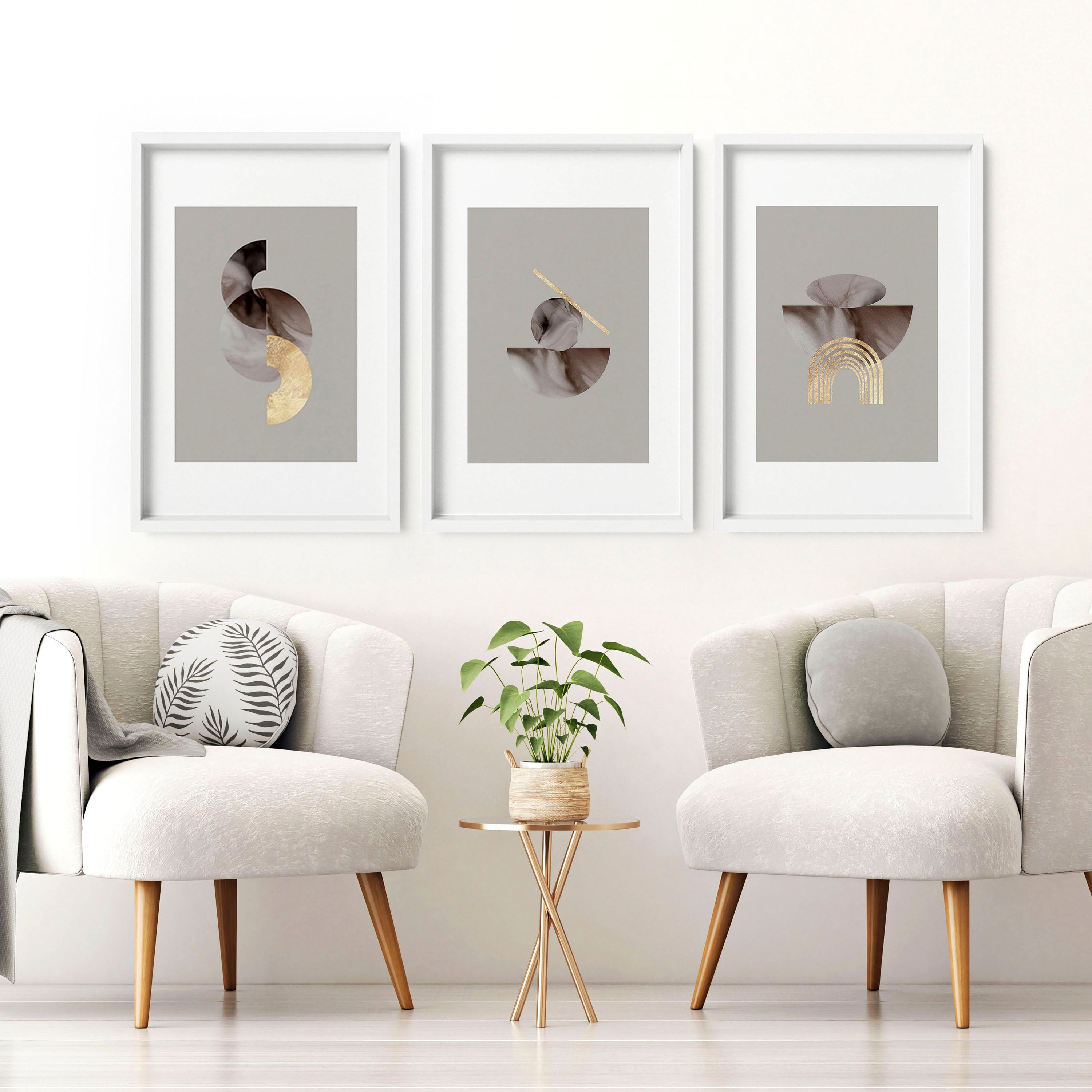 Set of 3 framed modern mid century wall art prints featuring intricate abstract designs, elegantly displayed on a wall.