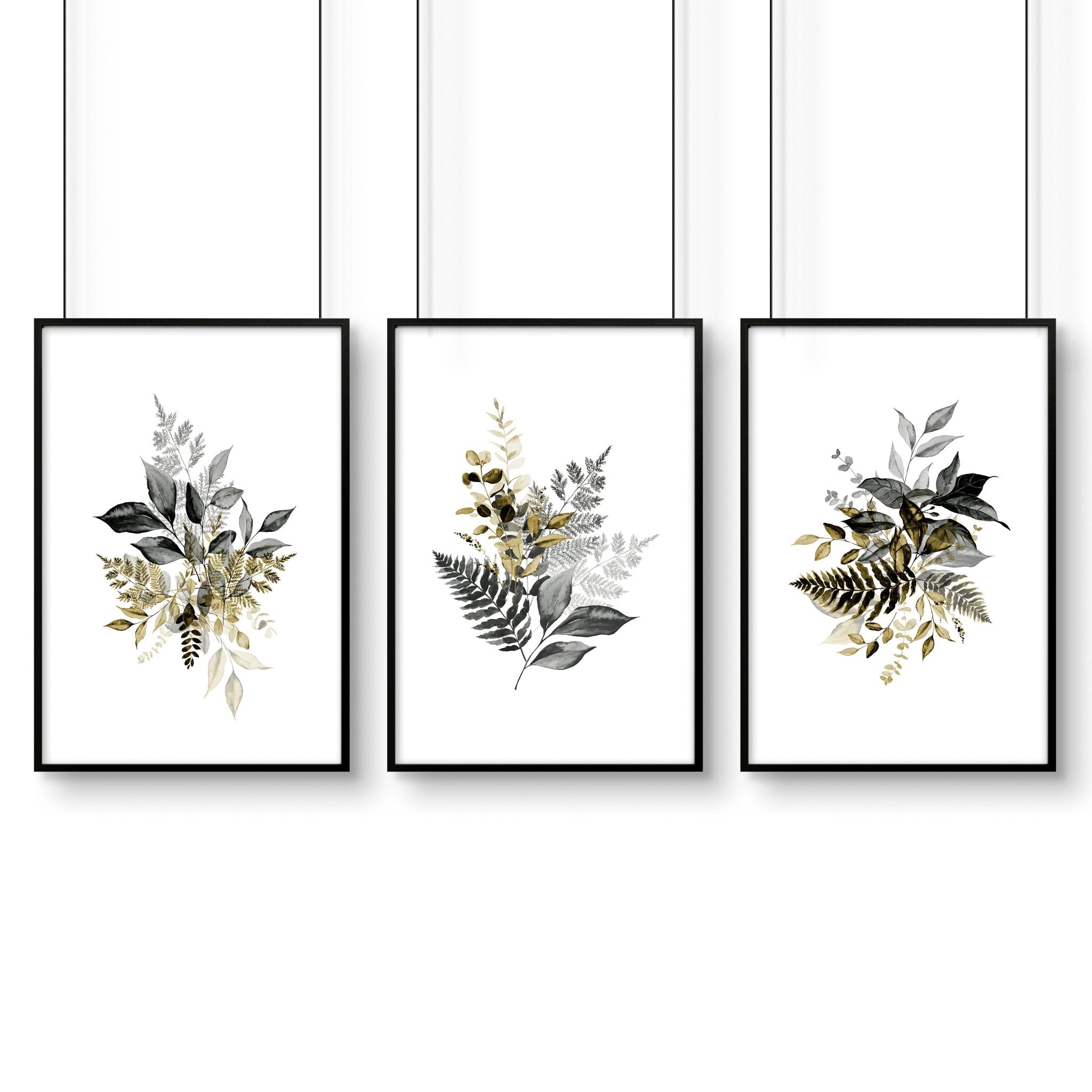 Set of 3 framed watercolor botanical prints showcasing intricate nature illustrations in soft colors, perfect for living room decor.