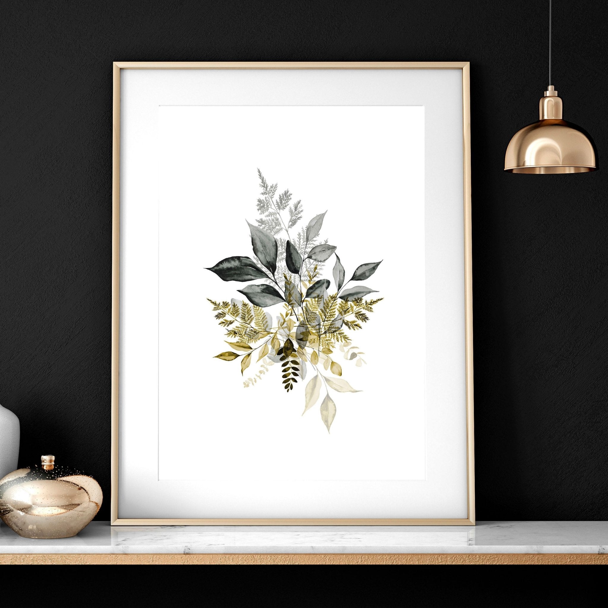 Set of 3 framed watercolor botanical prints showcasing intricate nature illustrations in soft colors, perfect for living room decor.