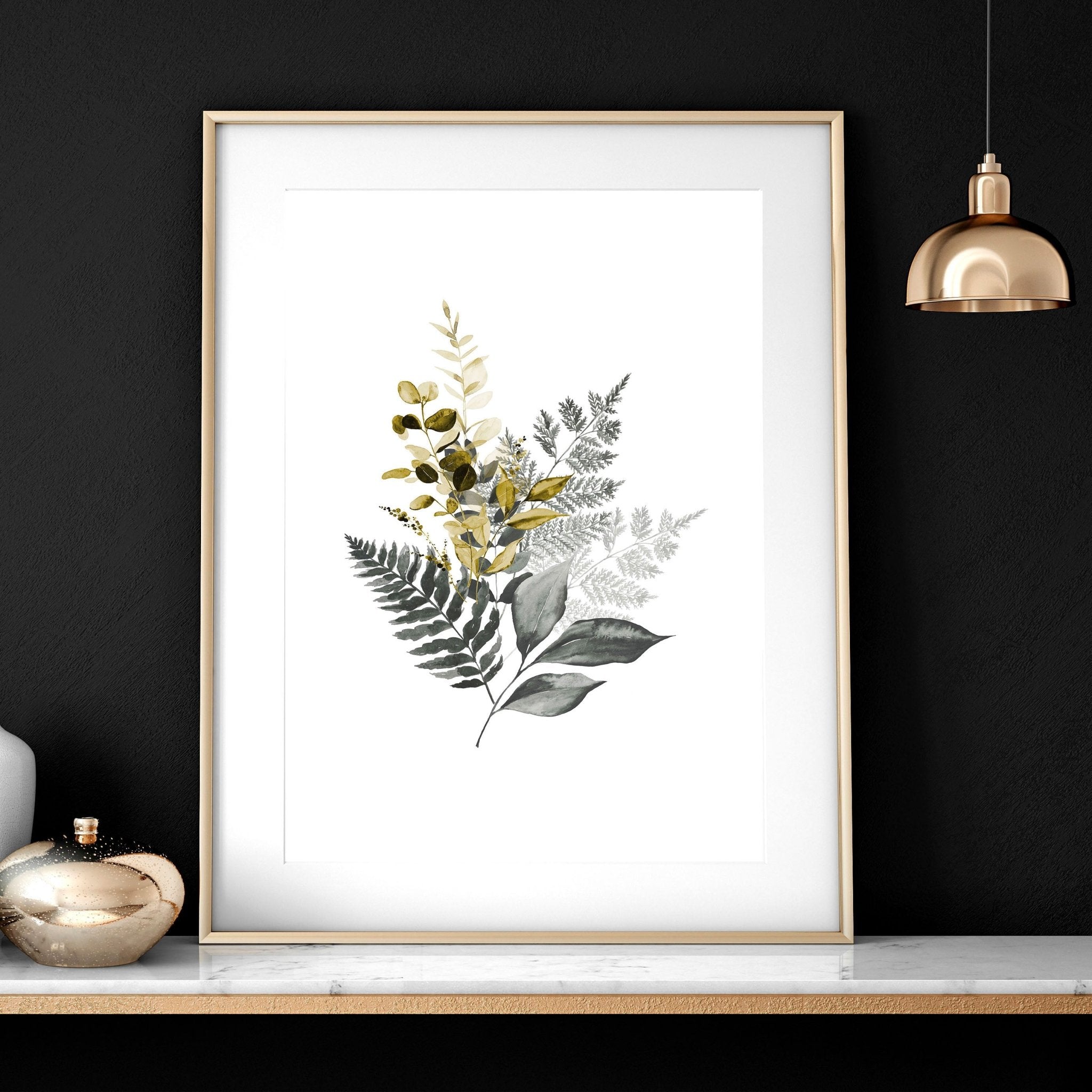 Set of 3 framed watercolor botanical prints showcasing intricate nature illustrations in soft colors, perfect for living room decor.