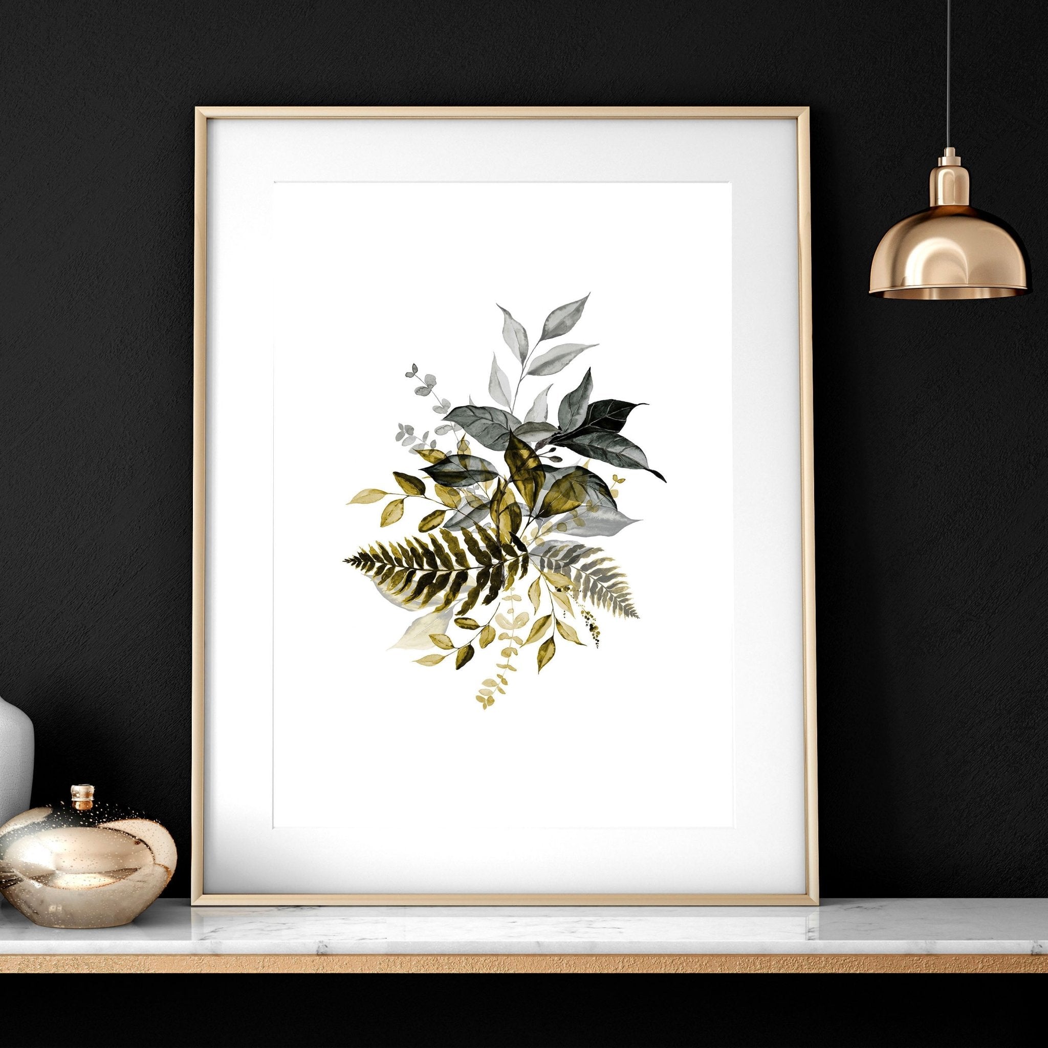 Set of 3 framed watercolor botanical prints showcasing intricate nature illustrations in soft colors, perfect for living room decor.