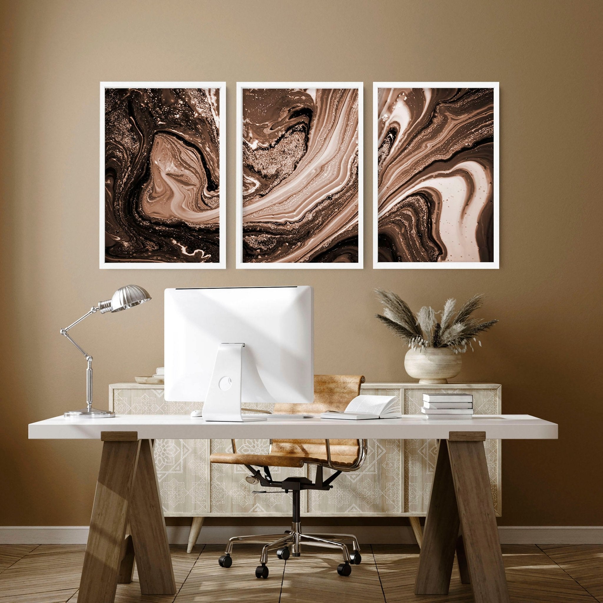 Set of 3 framed wall art prints featuring abstract Marble Texture in Brown, Copper, and Gold tones, perfect for modern interior decor.