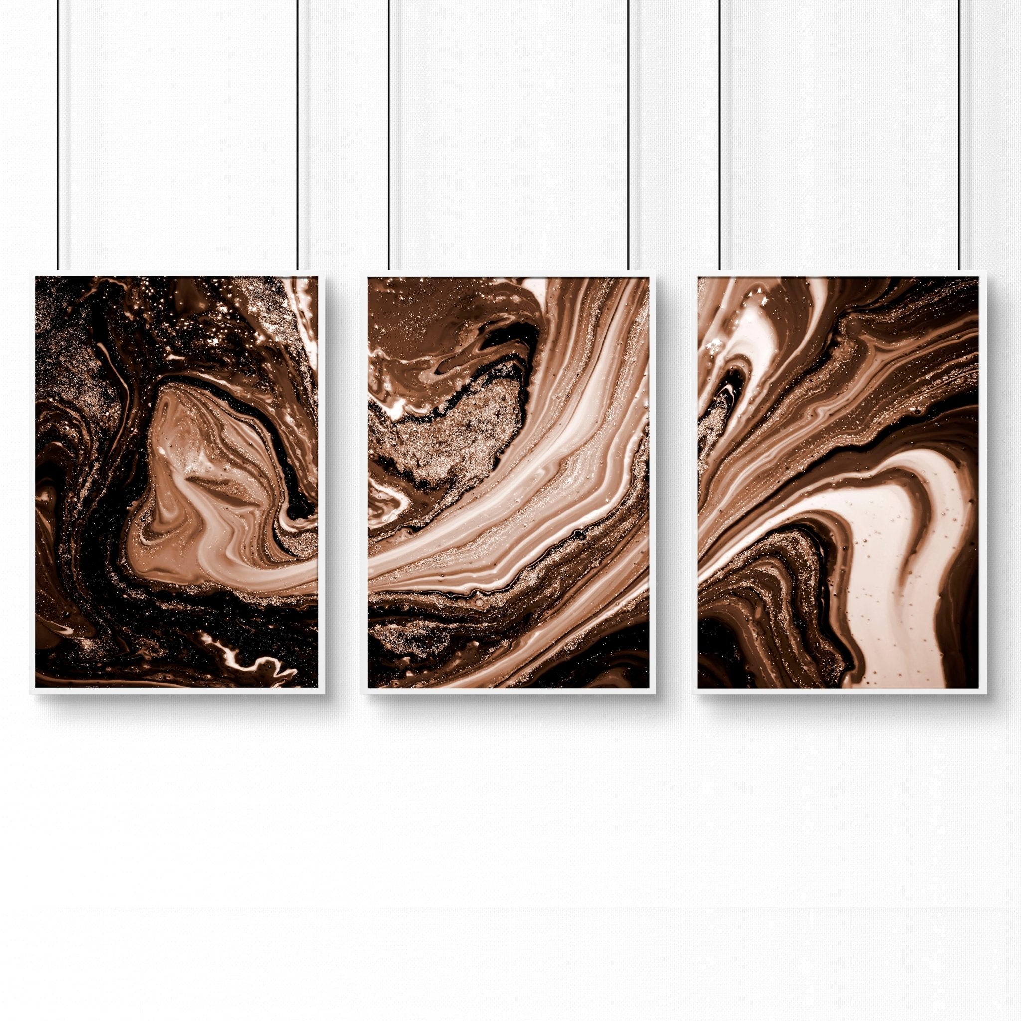 Set of 3 framed wall art prints featuring abstract Marble Texture in Brown, Copper, and Gold tones, perfect for modern interior decor.