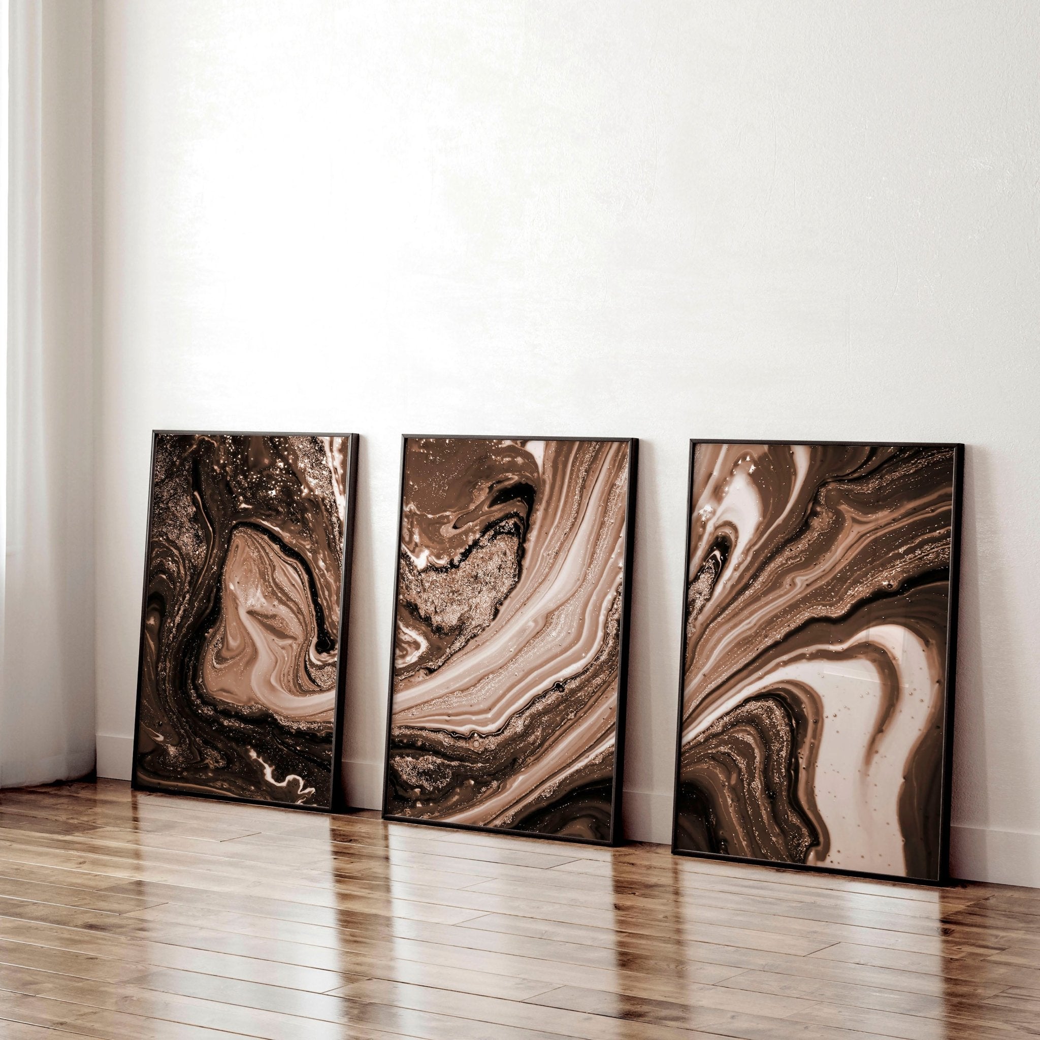 Set of 3 framed wall art prints featuring abstract Marble Texture in Brown, Copper, and Gold tones, perfect for modern interior decor.