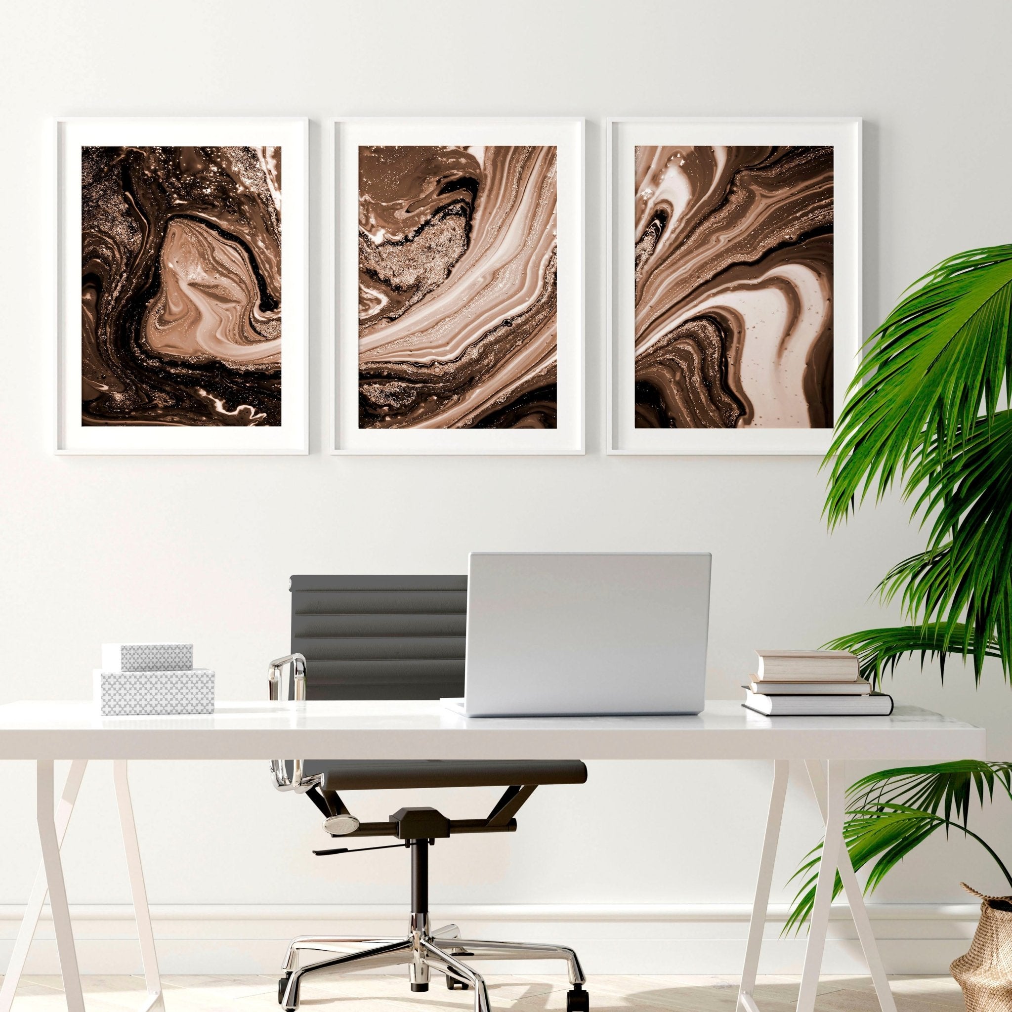 Set of 3 framed wall art prints featuring abstract Marble Texture in Brown, Copper, and Gold tones, perfect for modern interior decor.