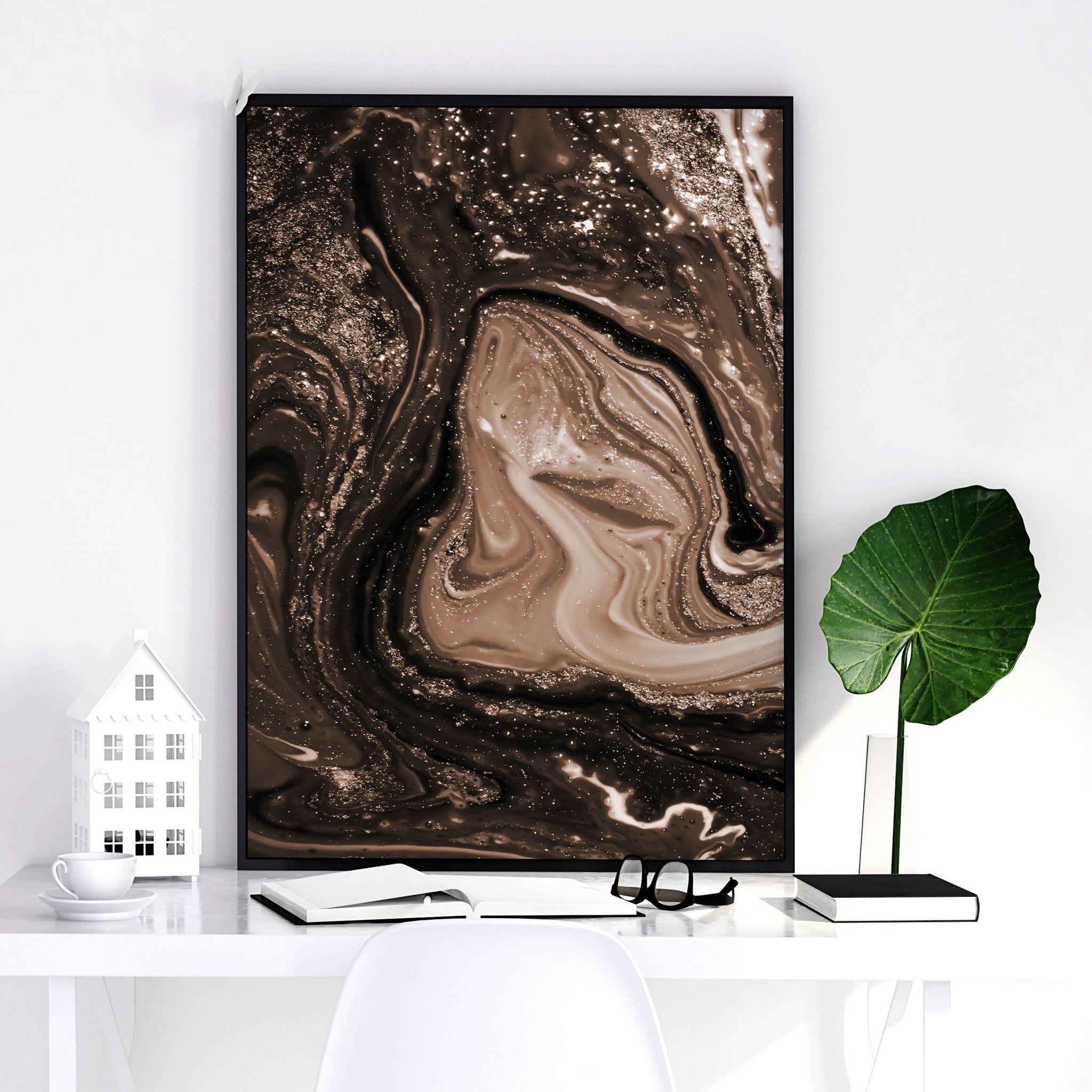 Set of 3 framed wall art prints featuring abstract Marble Texture in Brown, Copper, and Gold tones, perfect for modern interior decor.