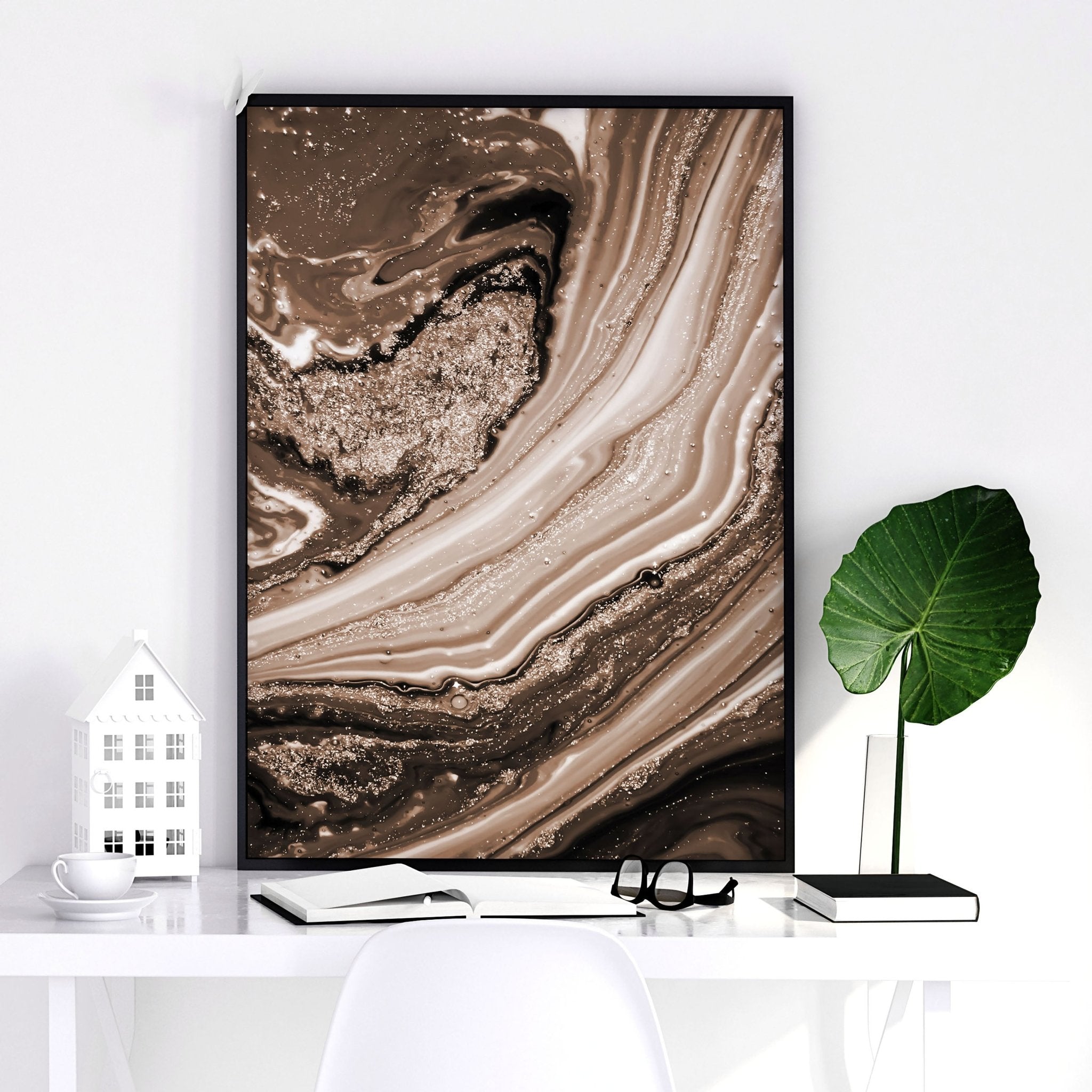 Set of 3 framed wall art prints featuring abstract Marble Texture in Brown, Copper, and Gold tones, perfect for modern interior decor.