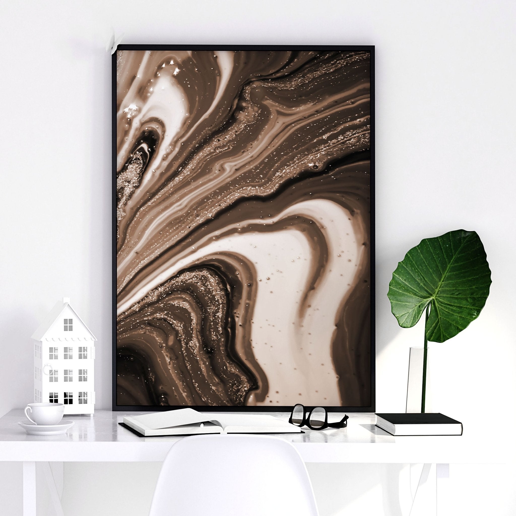 Set of 3 framed wall art prints featuring abstract Marble Texture in Brown, Copper, and Gold tones, perfect for modern interior decor.