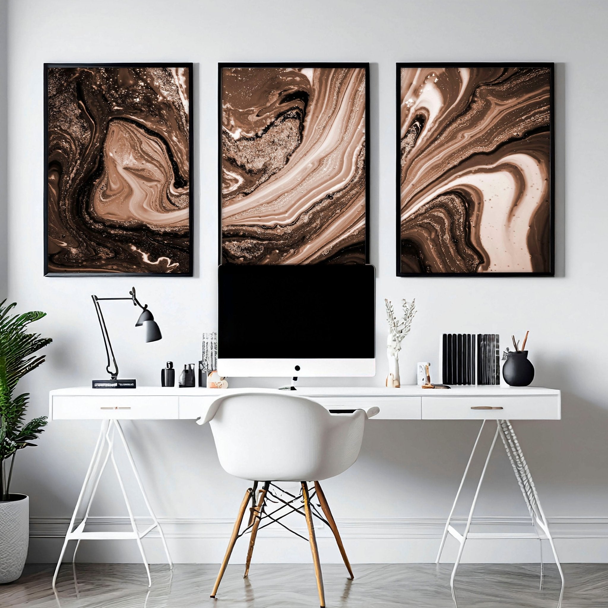 Set of 3 framed wall art prints featuring abstract Marble Texture in Brown, Copper, and Gold tones, perfect for modern interior decor.