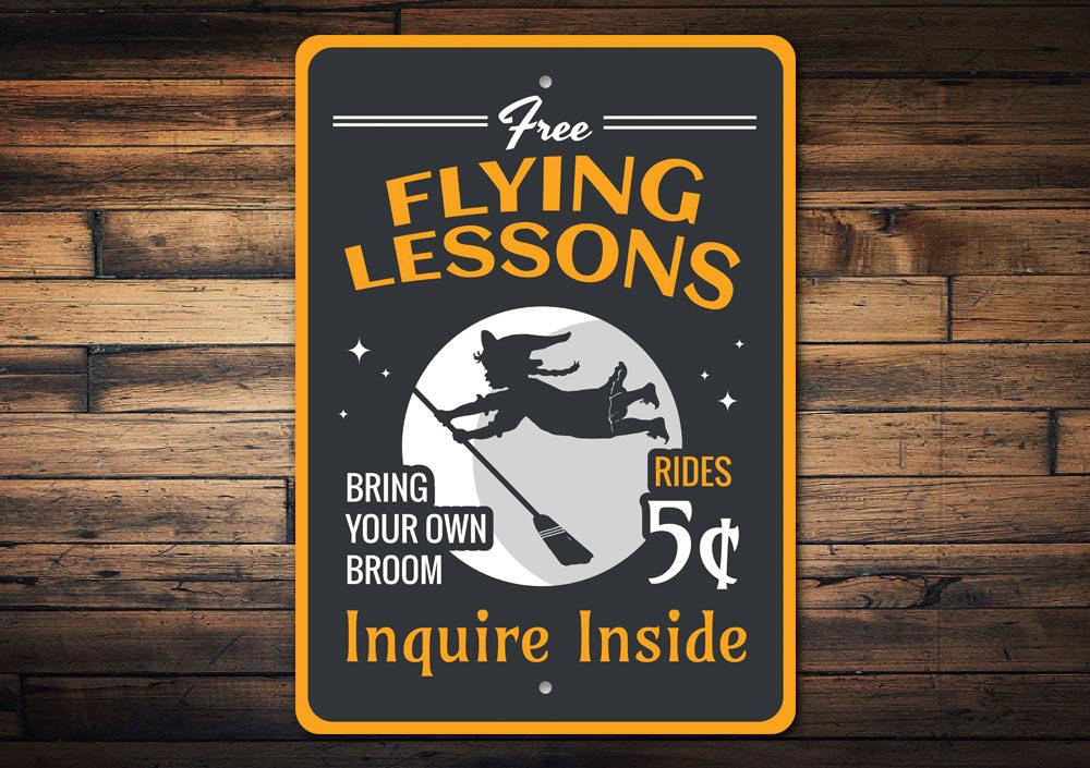 A decorative aluminum sign featuring a witch flying on a broomstick, perfect for Halloween decor.