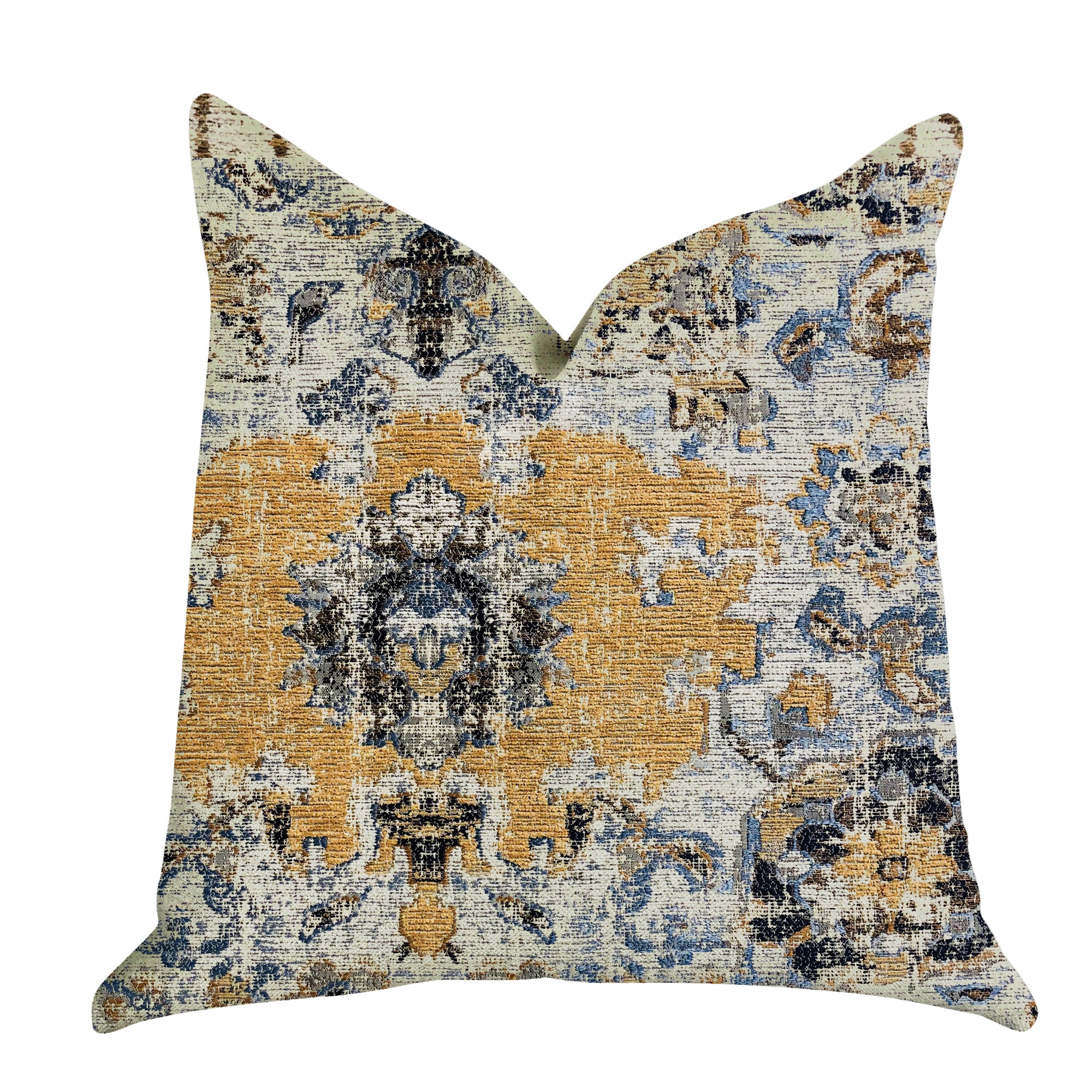 Free Spirit Damasque Luxury Throw Pillow in blue, beige, and gold with elegant damask pattern and invisible zipper.